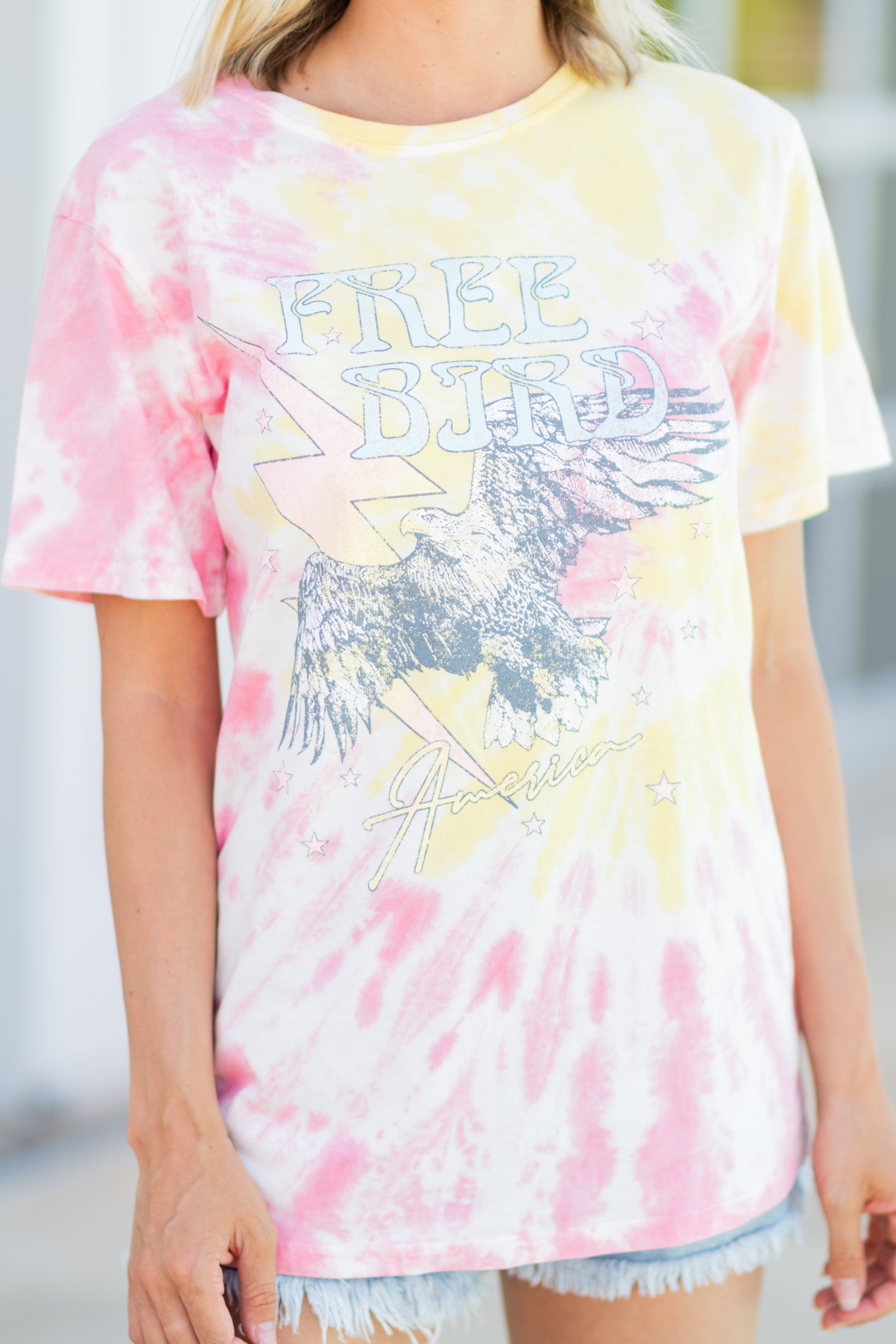 Free Bird America's Stunning Yellow Graphic Tie - Dye Tee