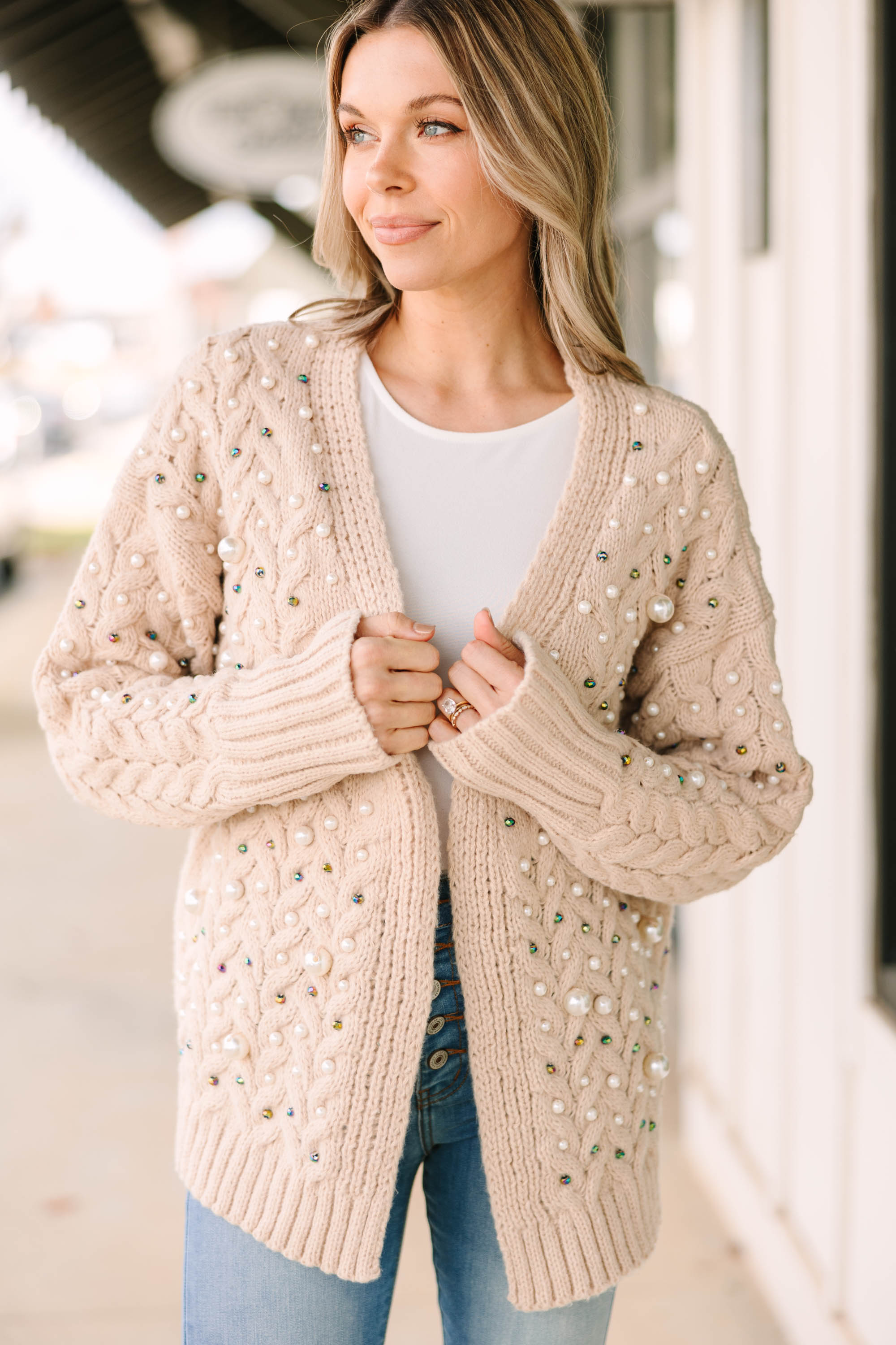 Gorgeous Best Of Both Worlds Oatmeal Brown Embellished Cardigan