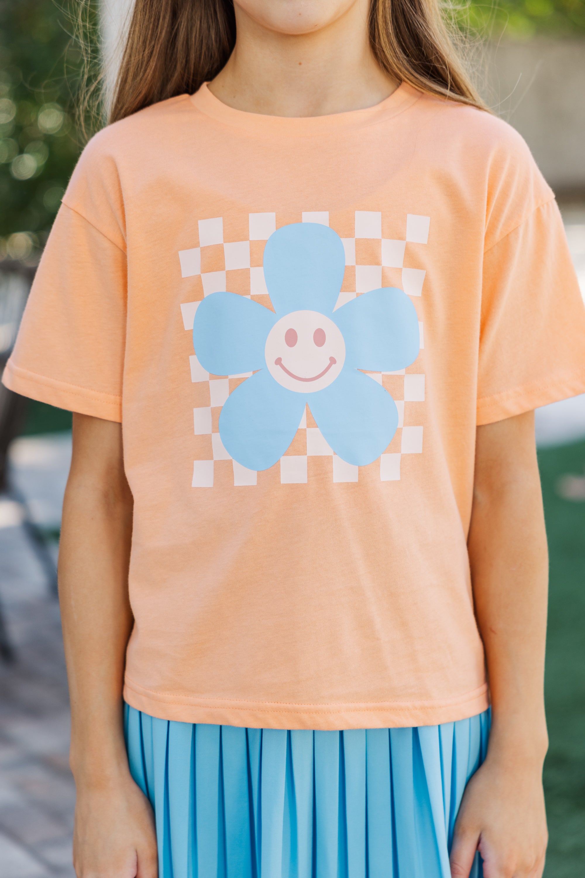 Girls' Cheerful Flower Coral Checkered Graphic Tee - Start Her Day with Joy!