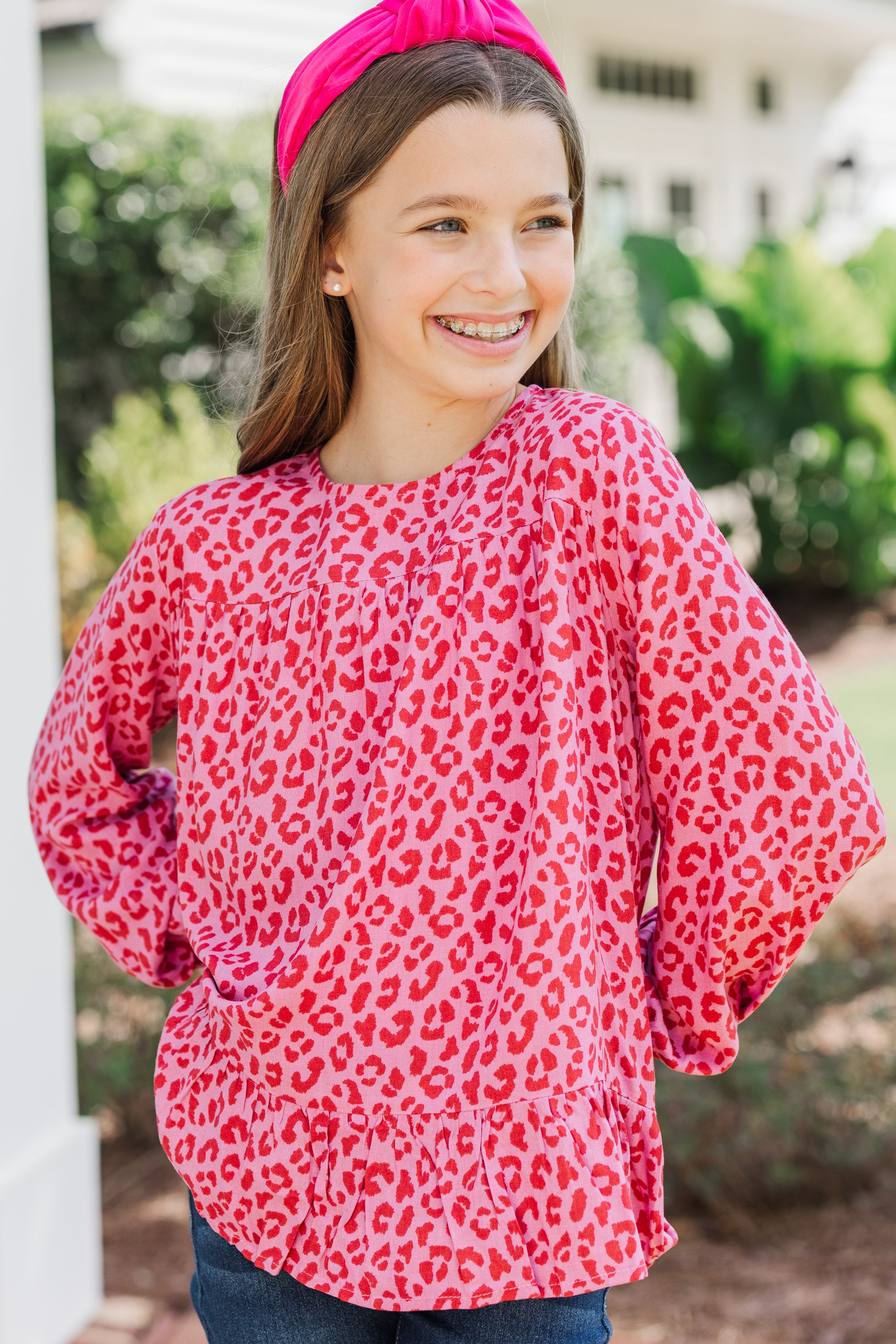 Girls' Enchanting Pink Leopard Floral Blouse: Feel Blessed!