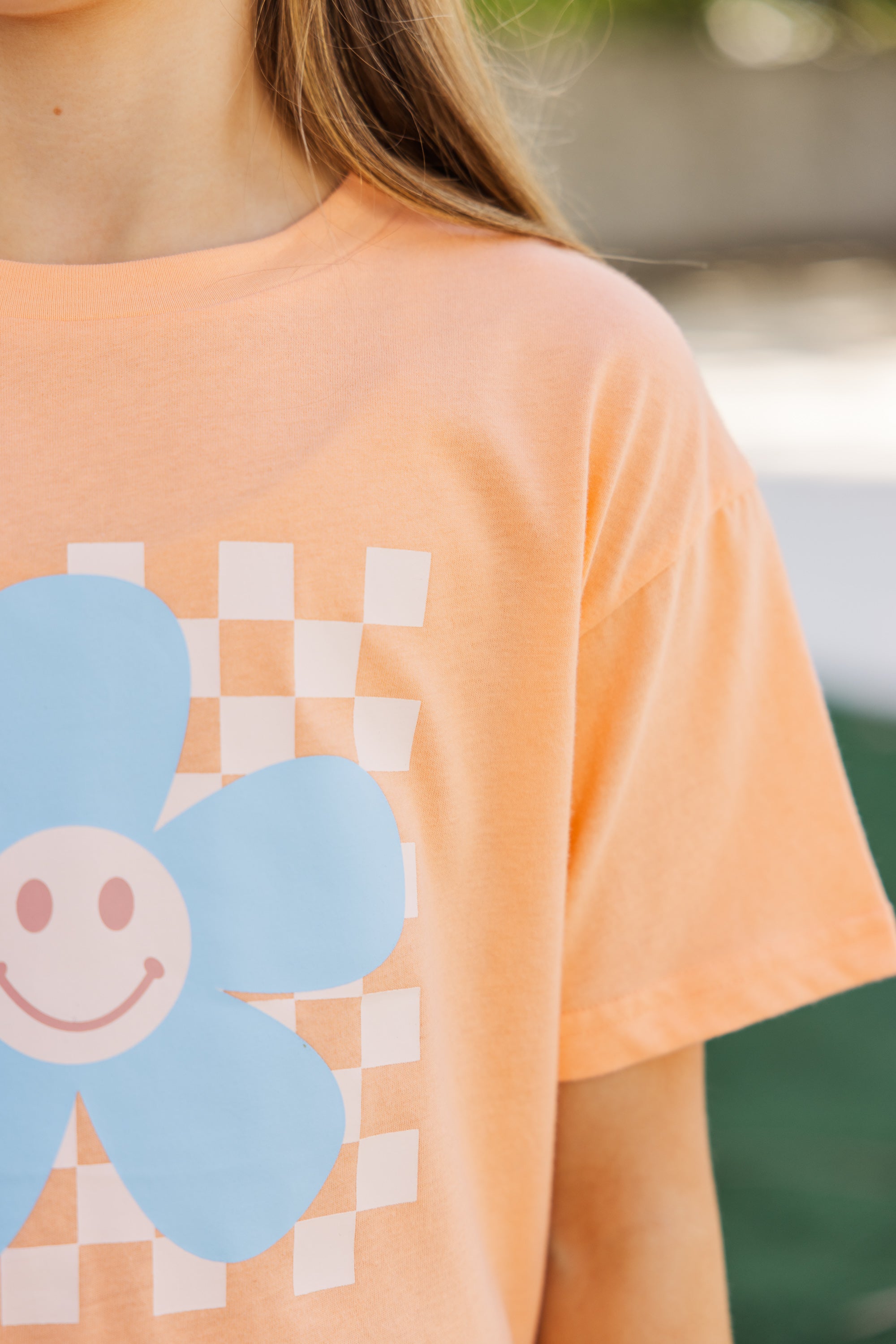 Girls' Cheerful Flower Coral Checkered Graphic Tee - Start Her Day with Joy!