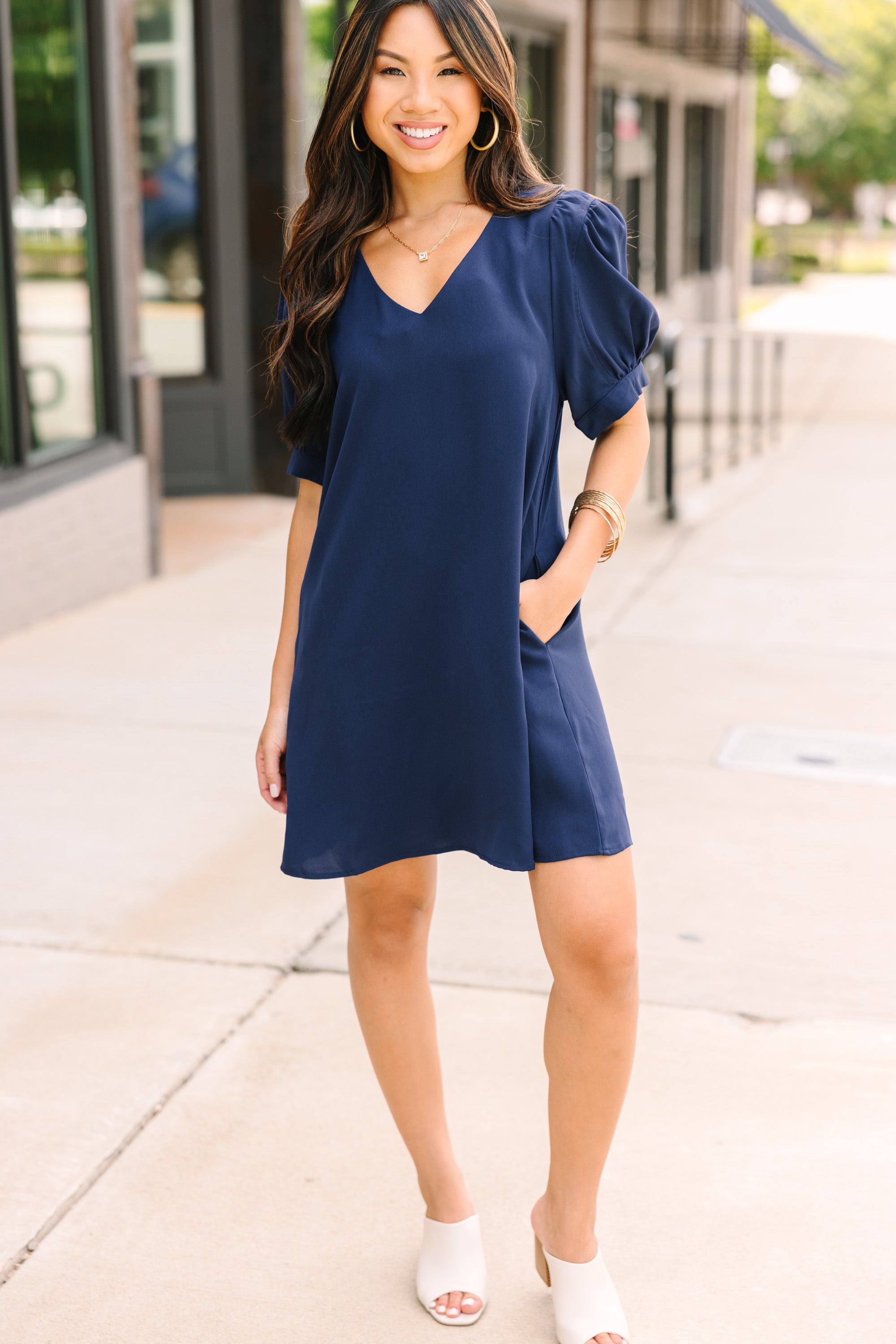 Love-at-First-Sight Navy Blue Puff Sleeve Dress