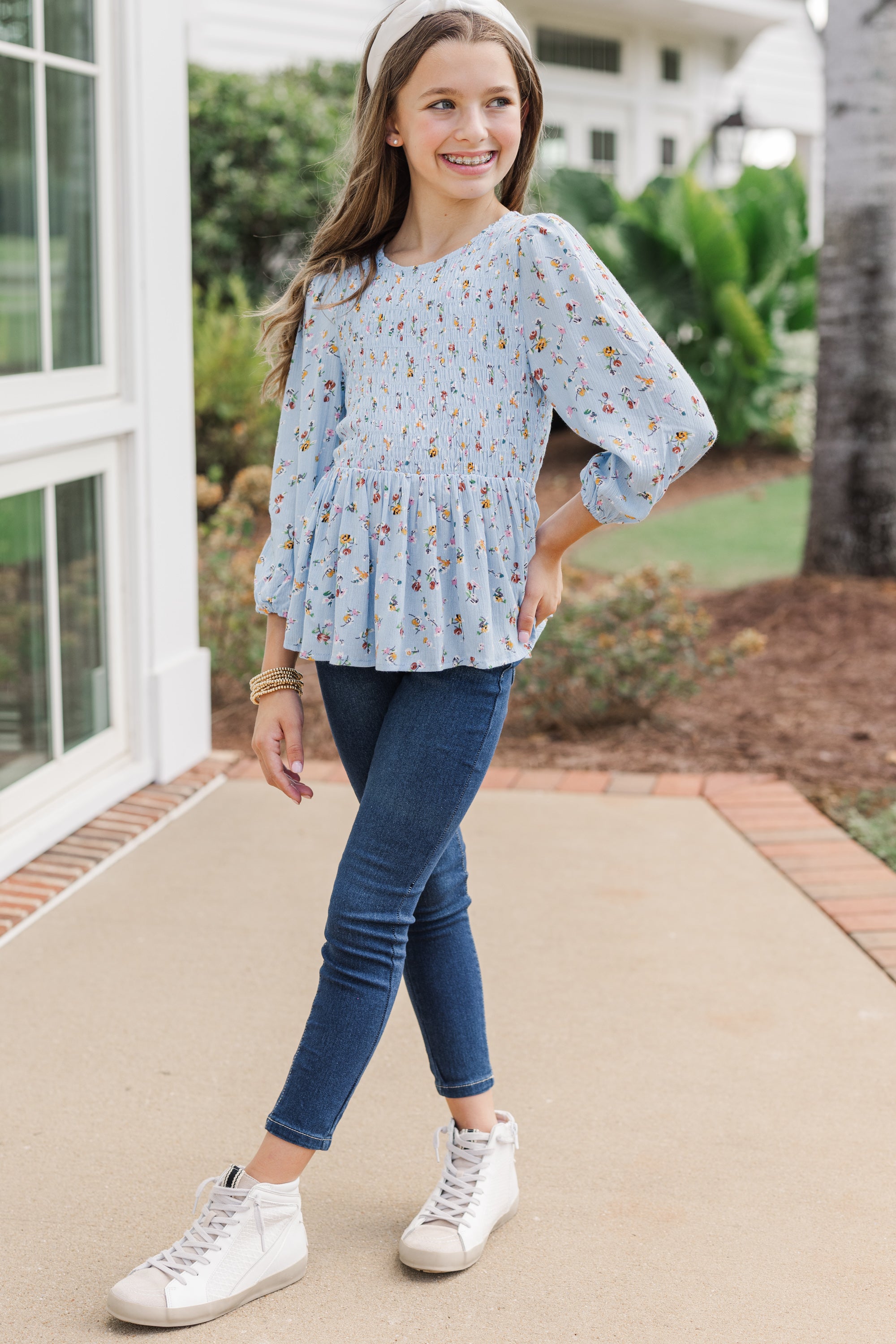 Girls' Enchanting Light Blue Ditsy Floral Blouse