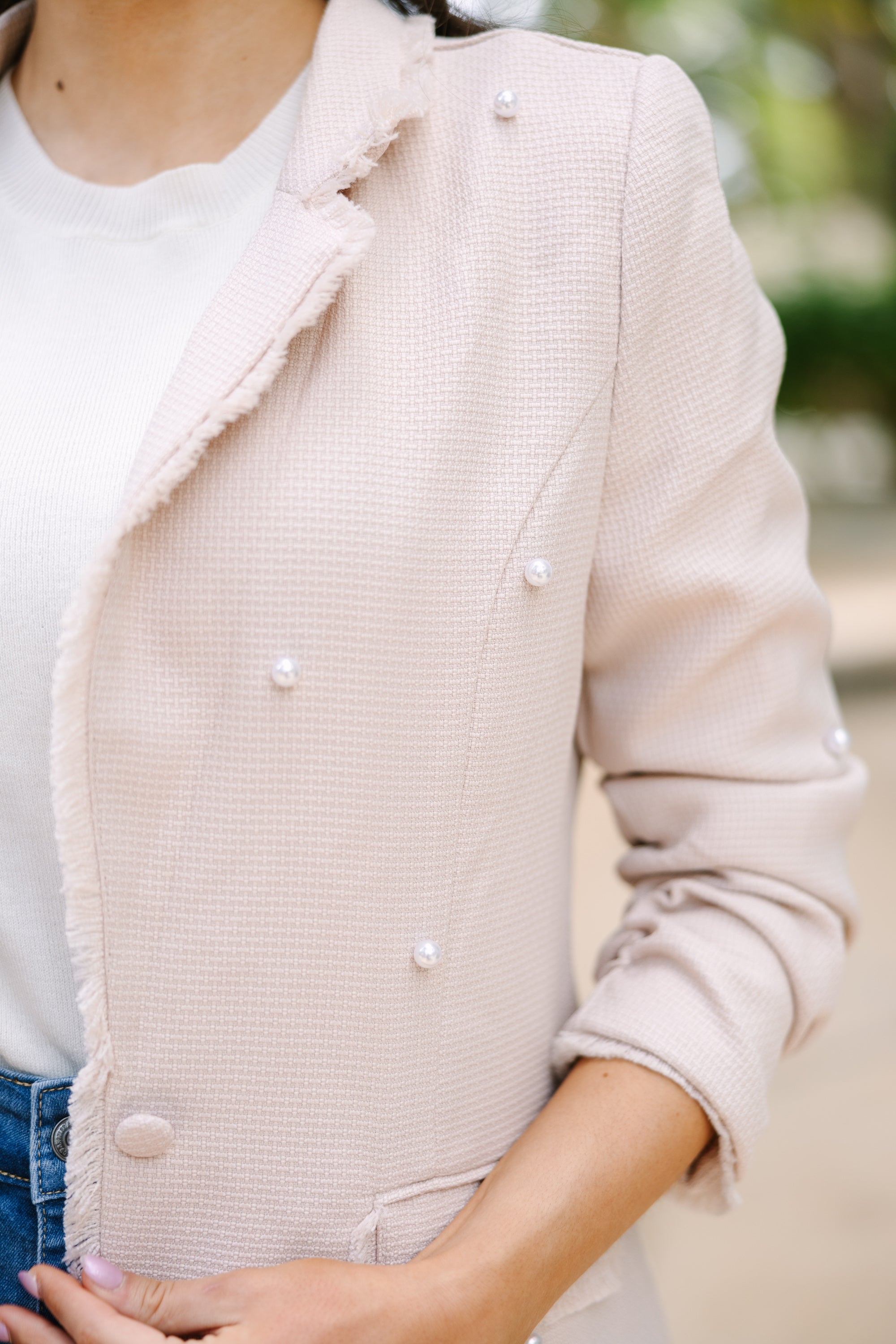 Inspiring Cream White Pearl-Embellished Power Blazer
