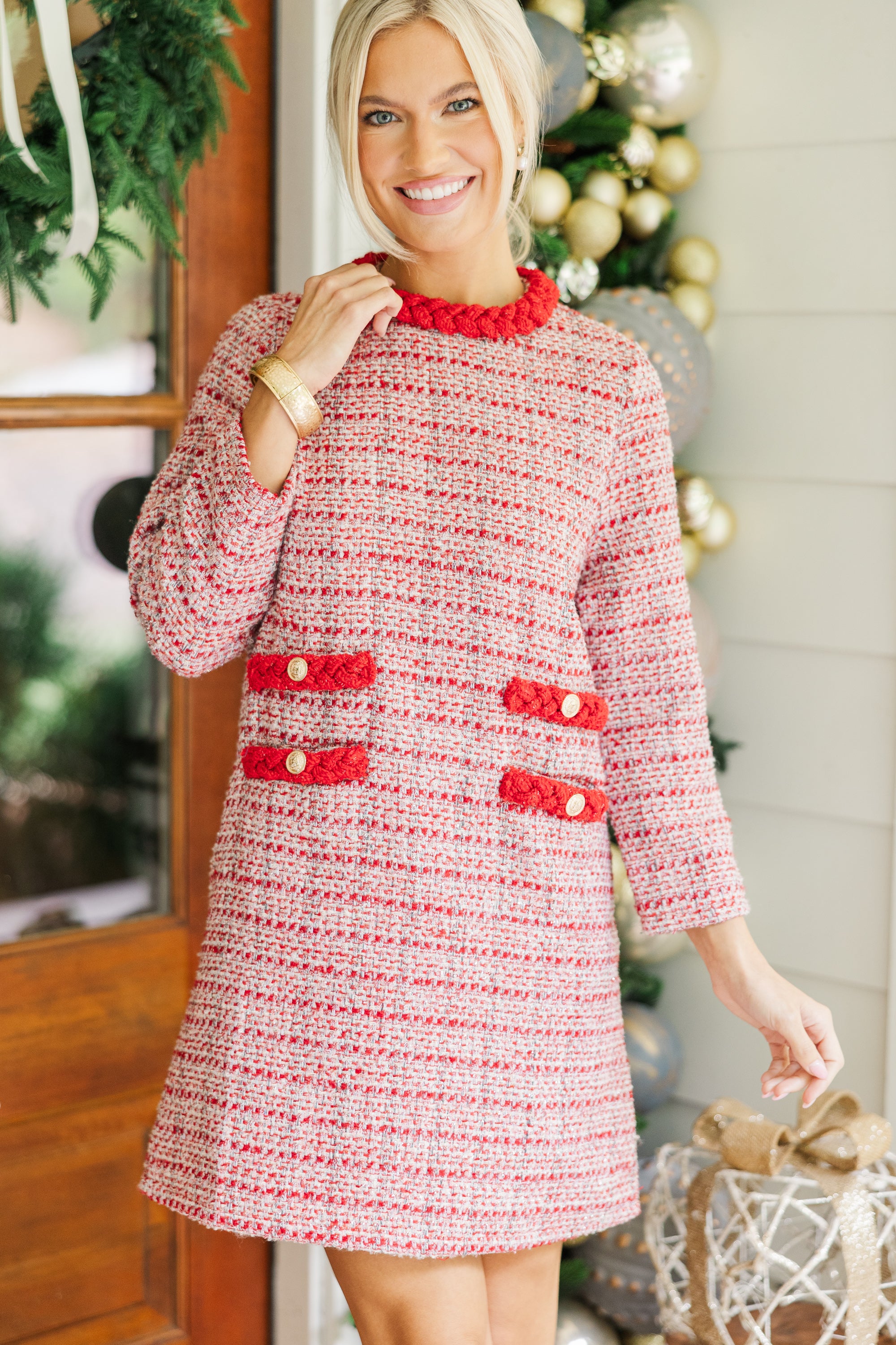 Enchanting Burgundy Red Tweed 3/4 Sleeve Dress - Ask You Out in Style