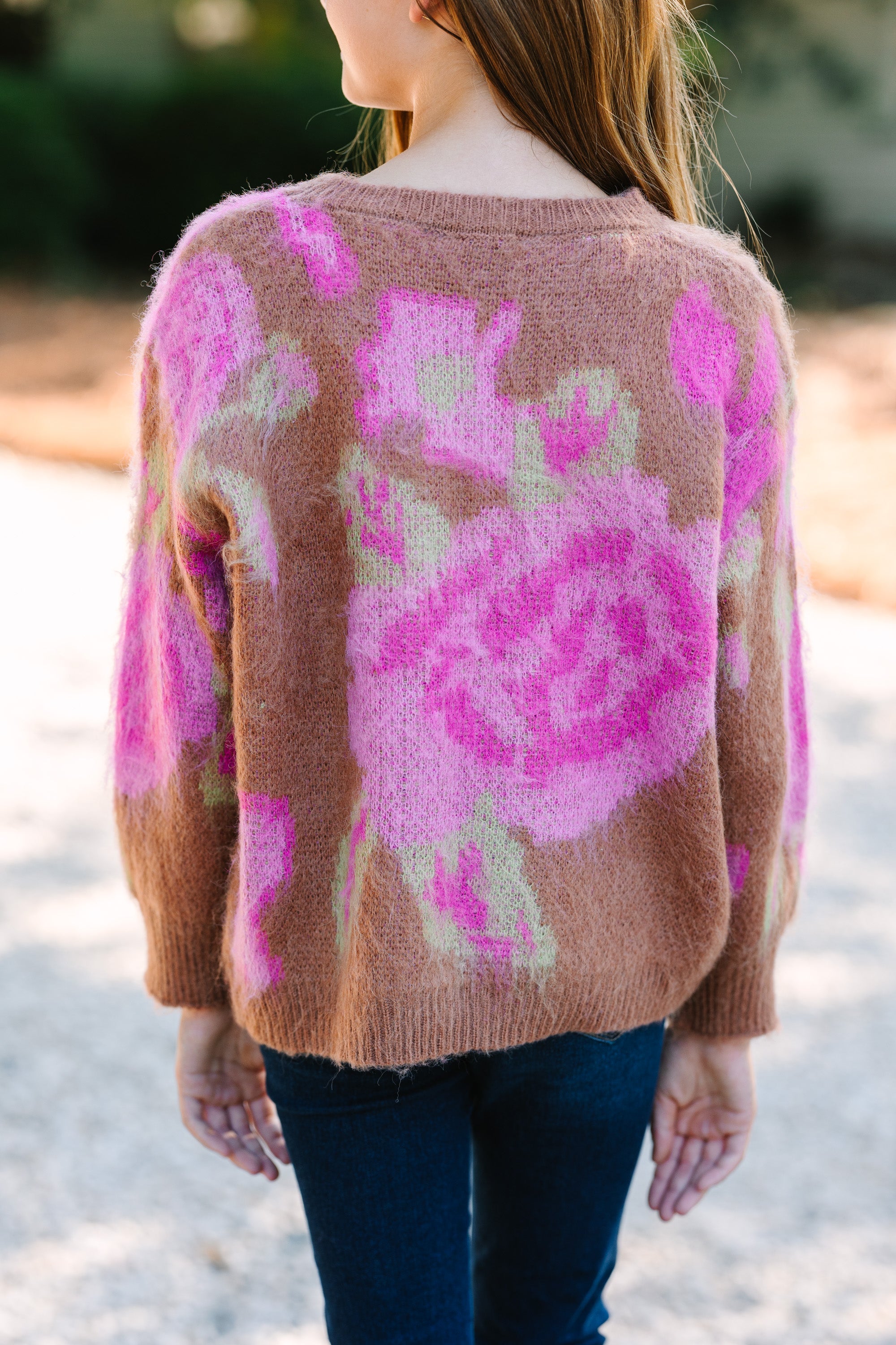 Girls' Talk That Talk Camel Brown Floral Sweater - Irresistible Style!