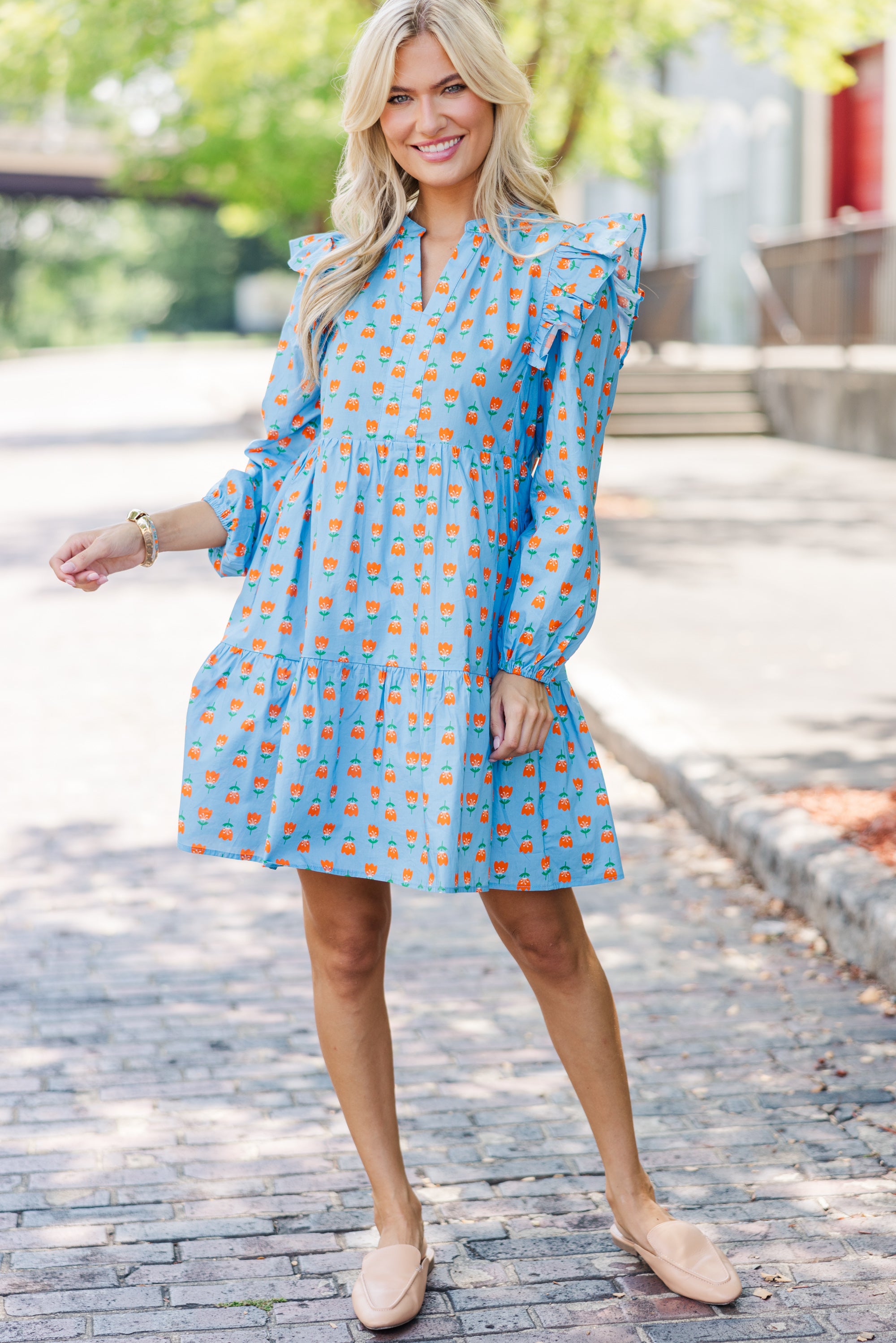 Gorgeous Blue Floral Long-Sleeve Babydoll Dress for Fall