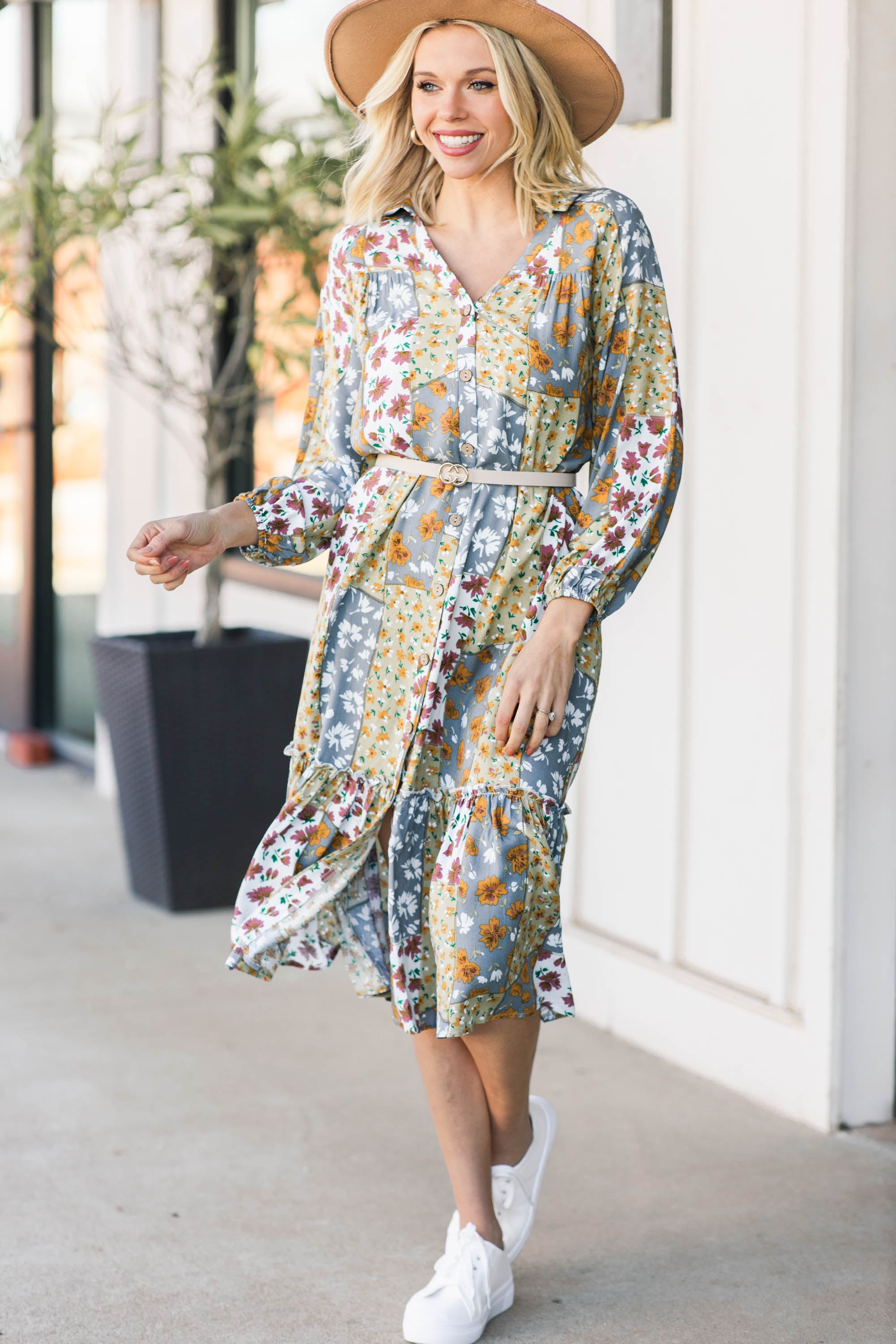 Gorgeous Gray Mixed Floral Midi Dress - The Ultimate Choice