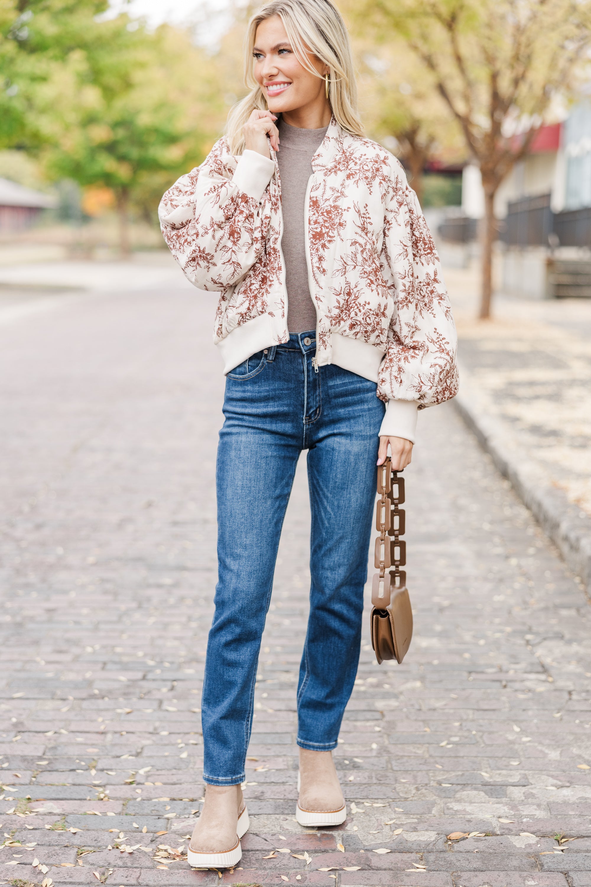 Stylish Brown Toile Bomber Jacket - Be Yourself!