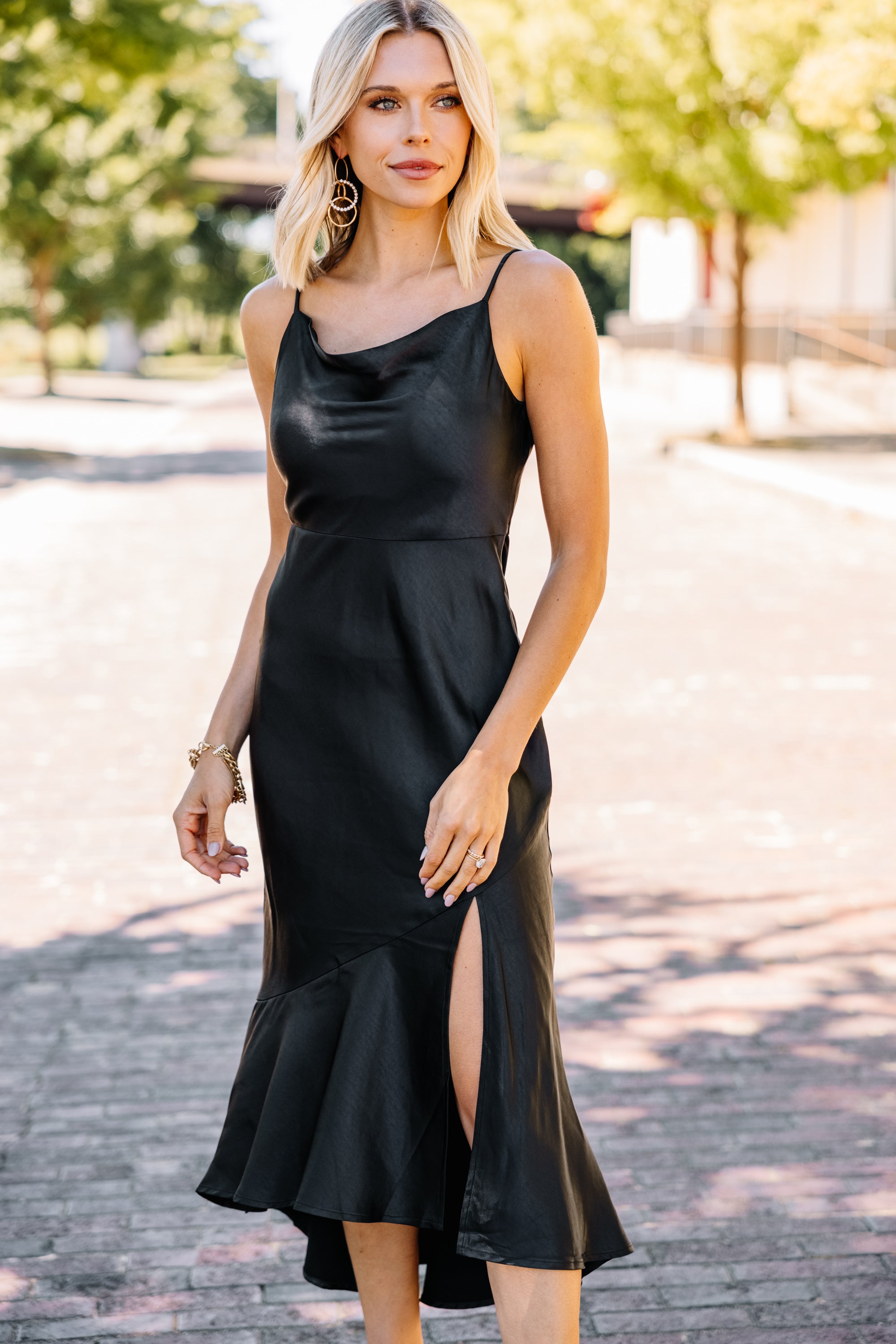Glamorous Black Satin Midi Dress: Feel Fancy Anytime