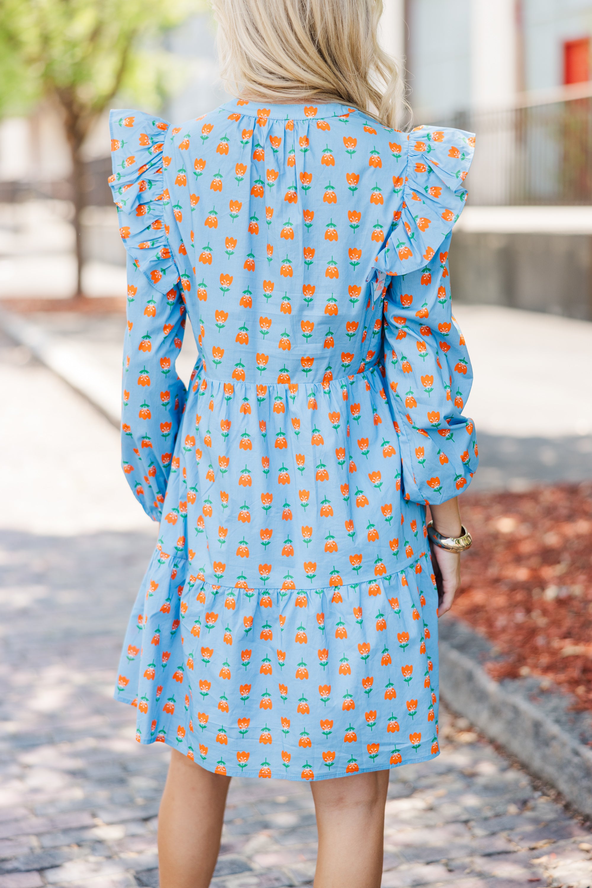 Gorgeous Blue Floral Long-Sleeve Babydoll Dress for Fall