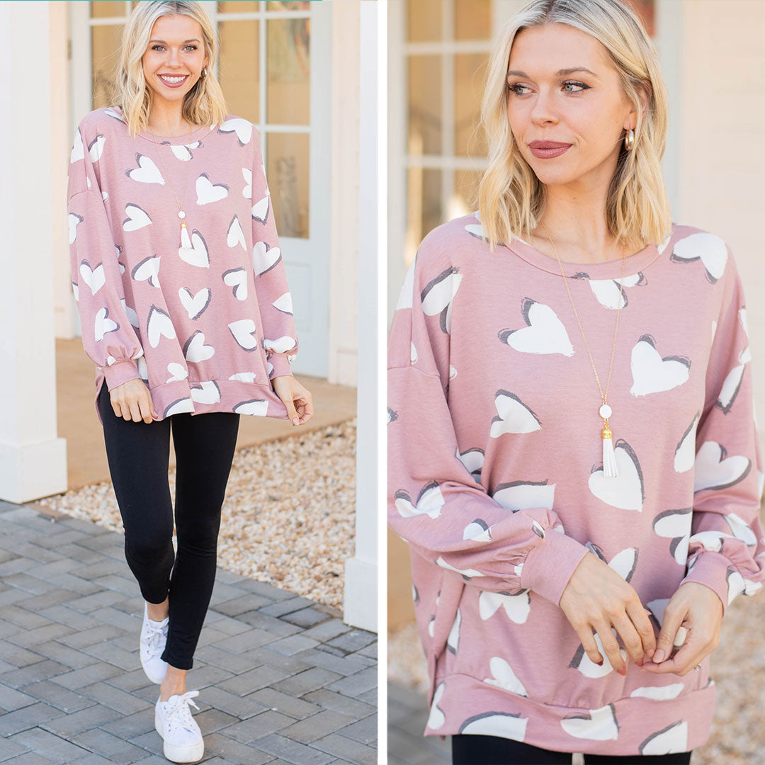 Love-Infused Rose Pink Heart Print Pullover