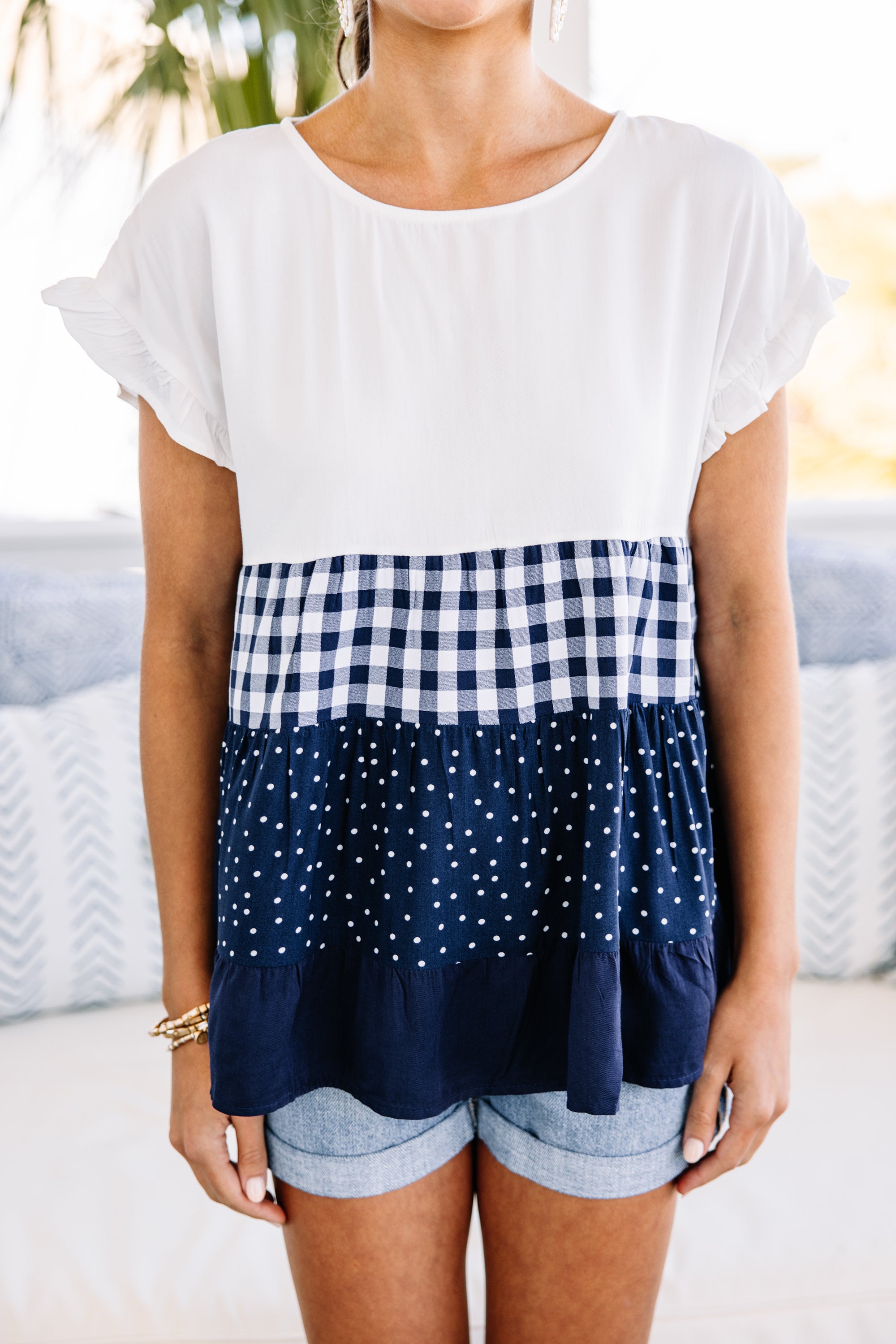 Discover Happiness: Navy Blue Mixed Print Blouse