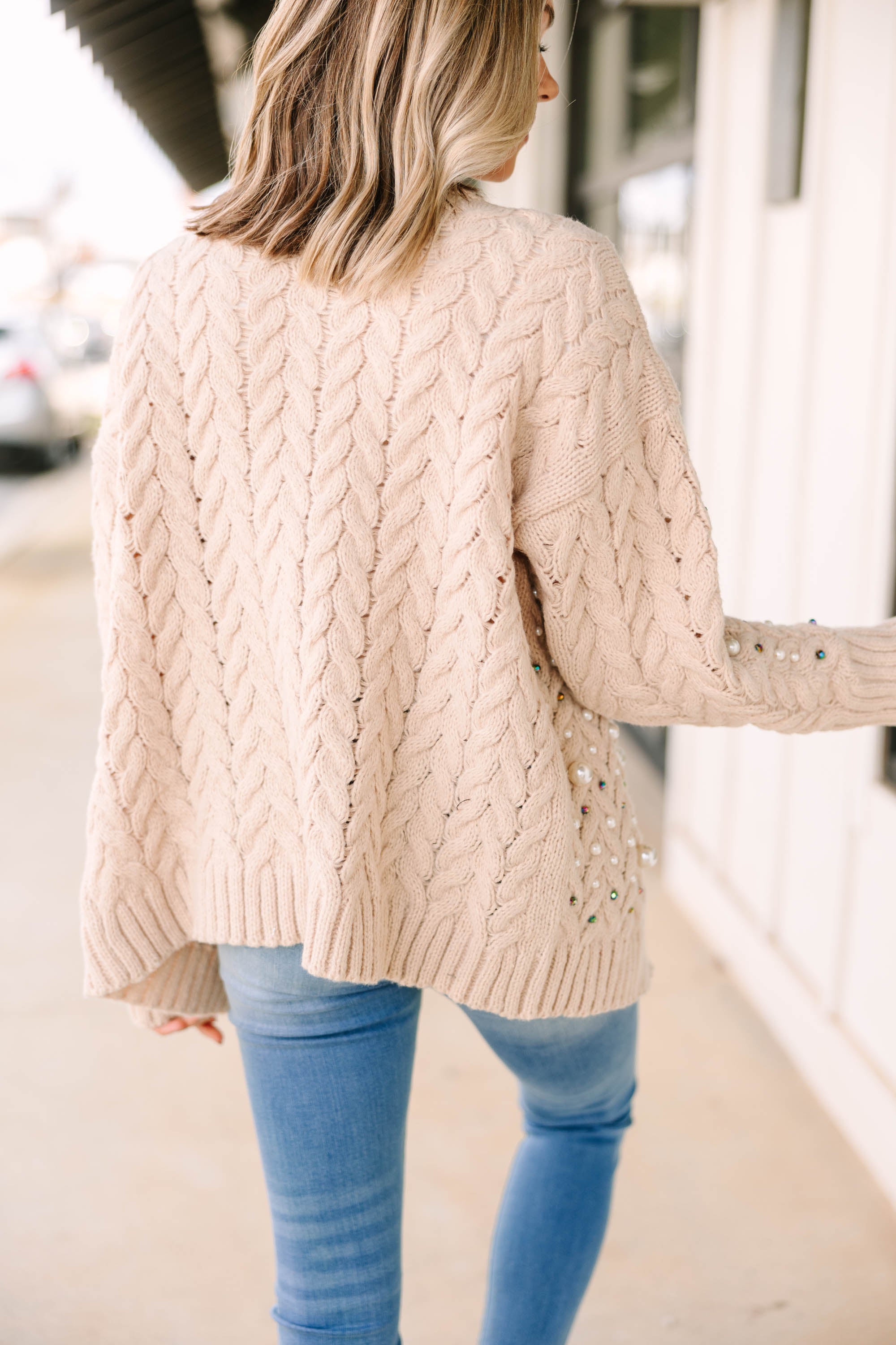 Gorgeous Best Of Both Worlds Oatmeal Brown Embellished Cardigan