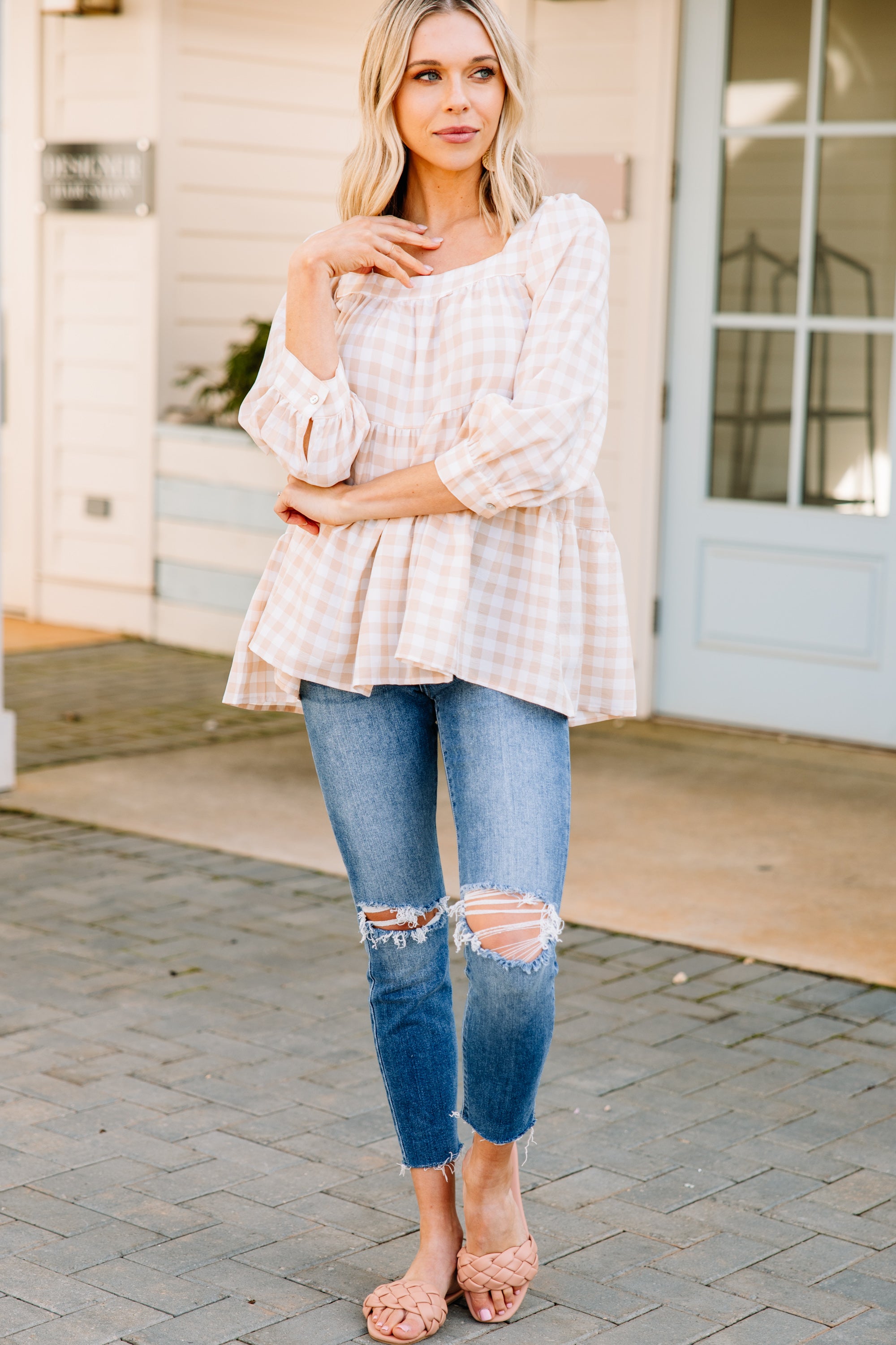 Charming Taupe Gingham Fun Blouse
