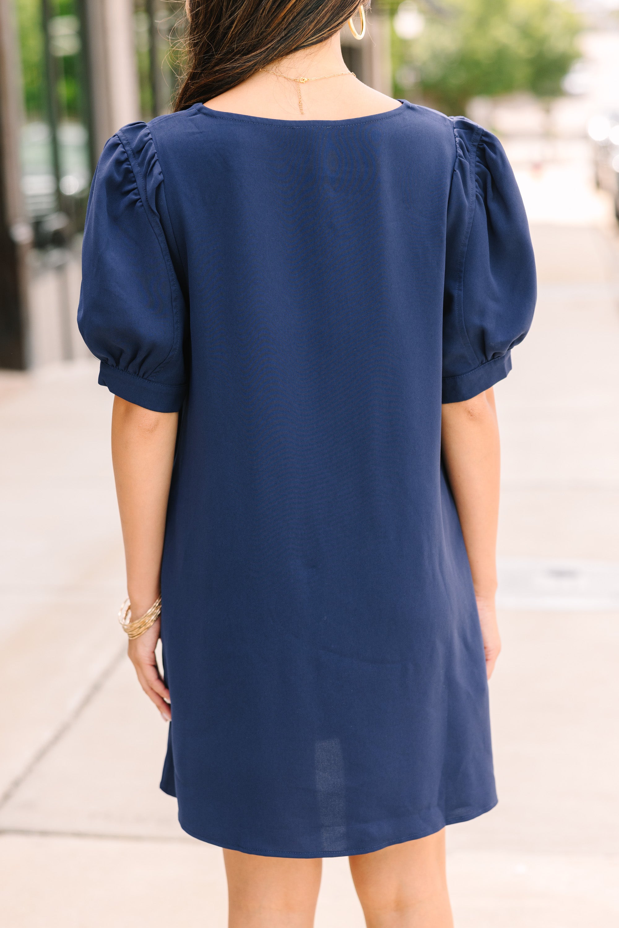 Love-at-First-Sight Navy Blue Puff Sleeve Dress