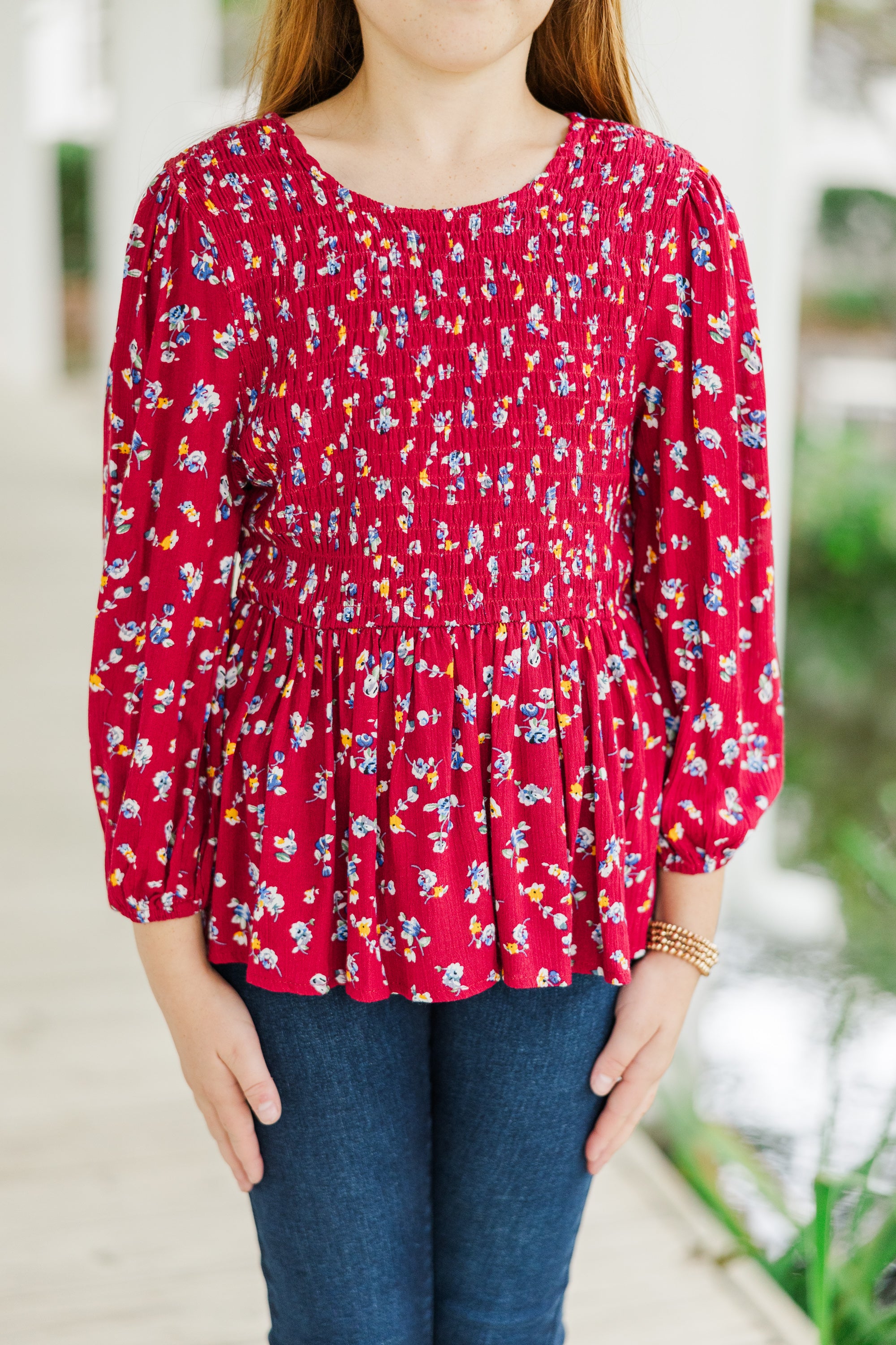 Girls' Must-Have Burgundy Red Ditsy Floral Blouse