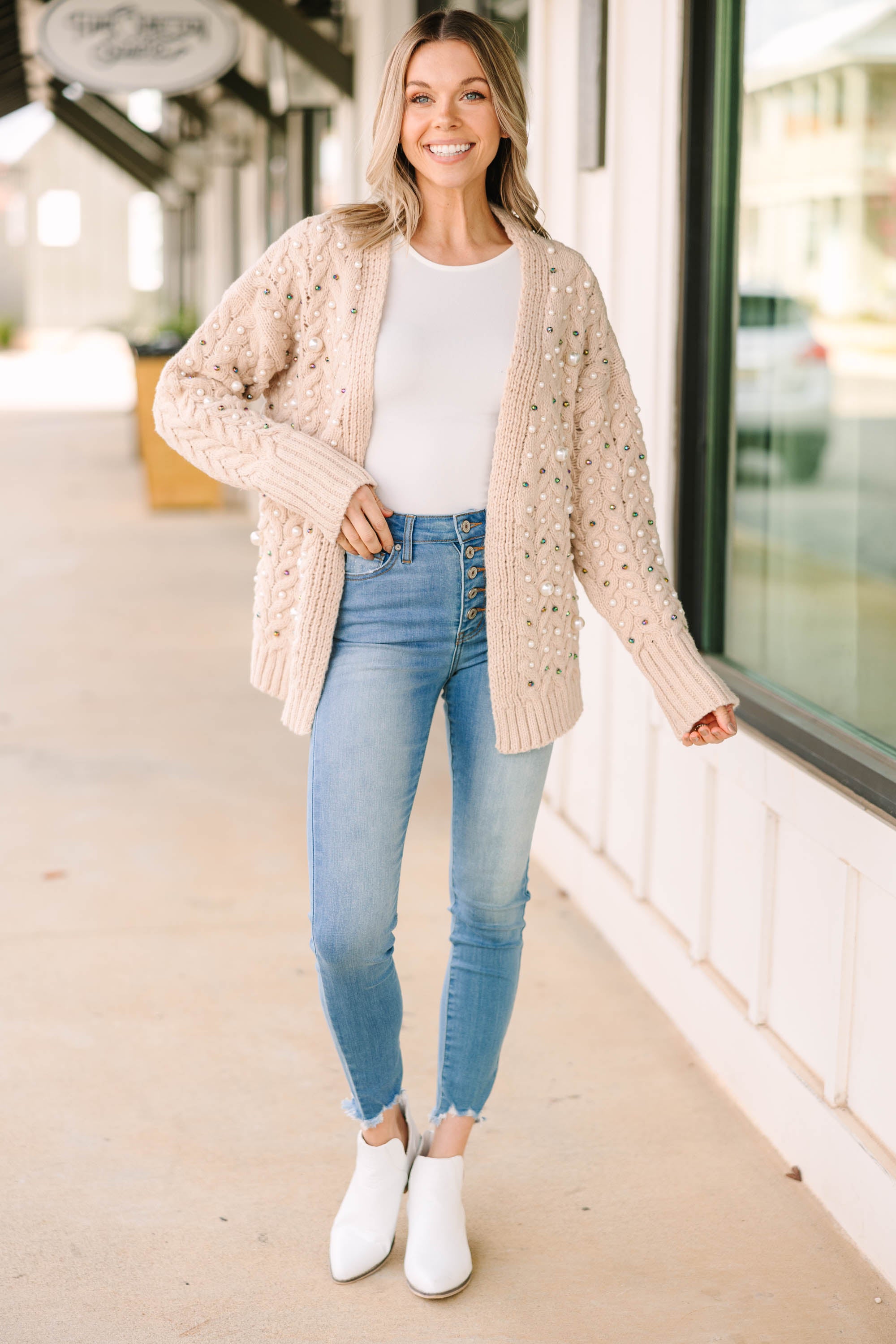 Gorgeous Best Of Both Worlds Oatmeal Brown Embellished Cardigan