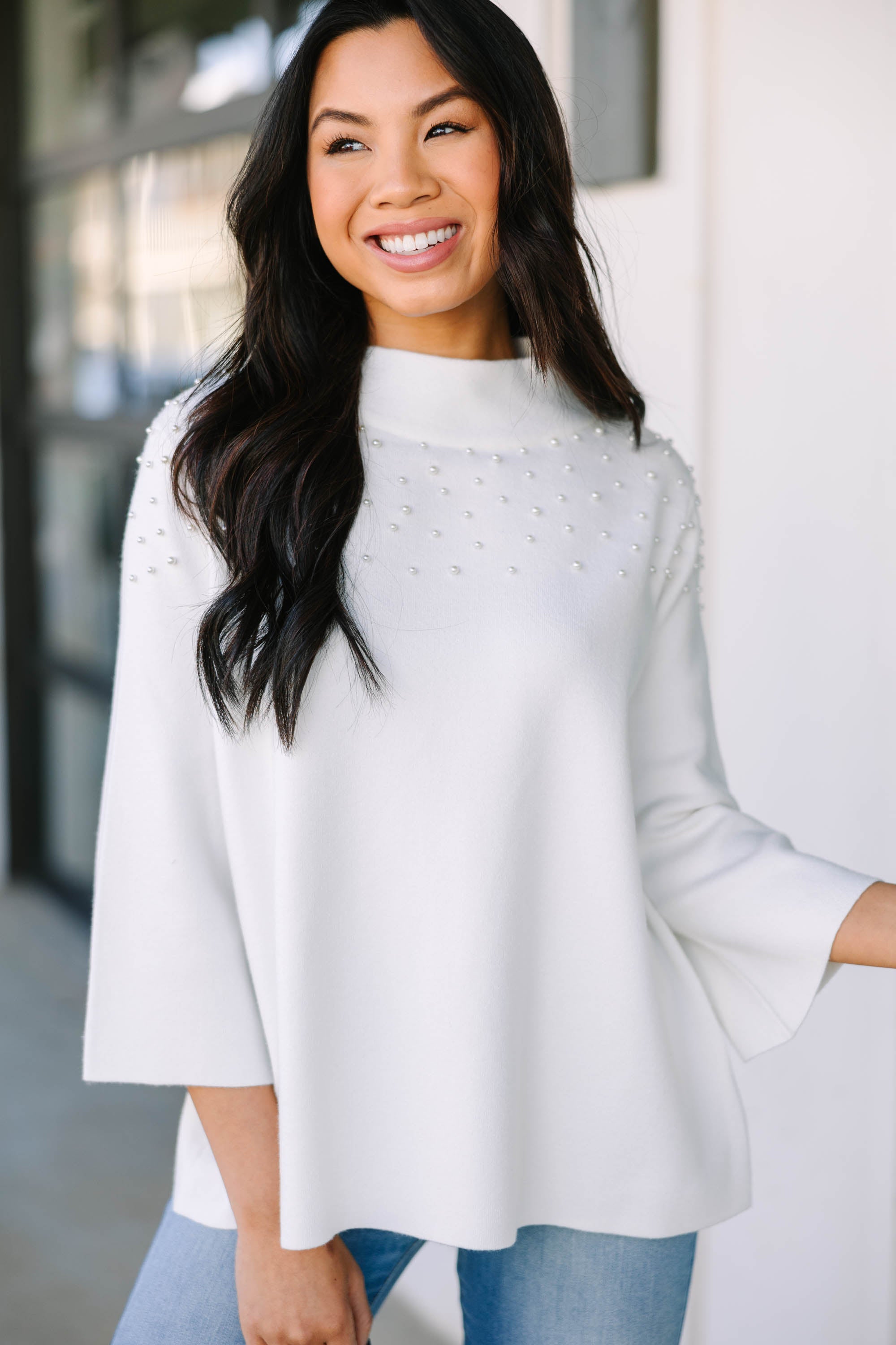 Charming Pearl-Embellished Cream White Sweater