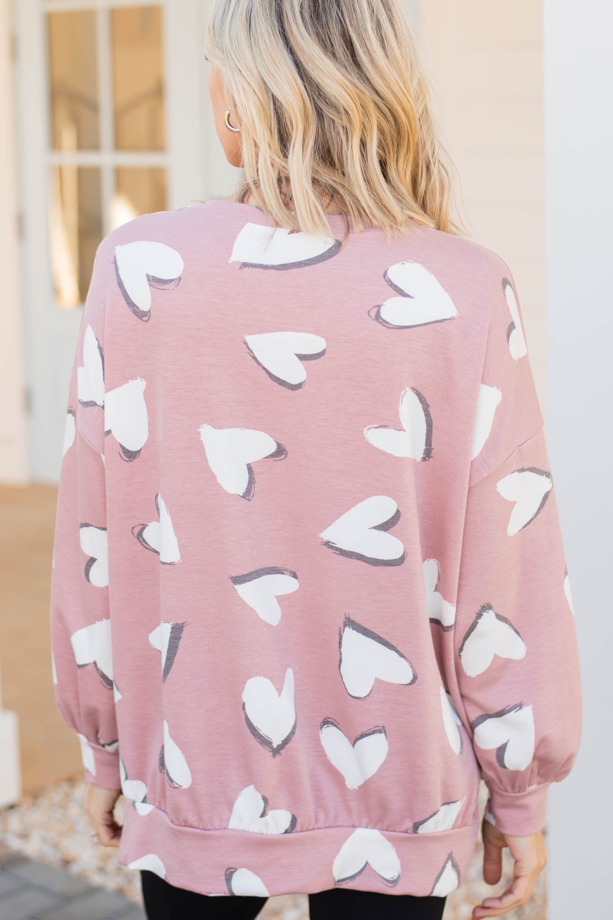 Love-Infused Rose Pink Heart Print Pullover