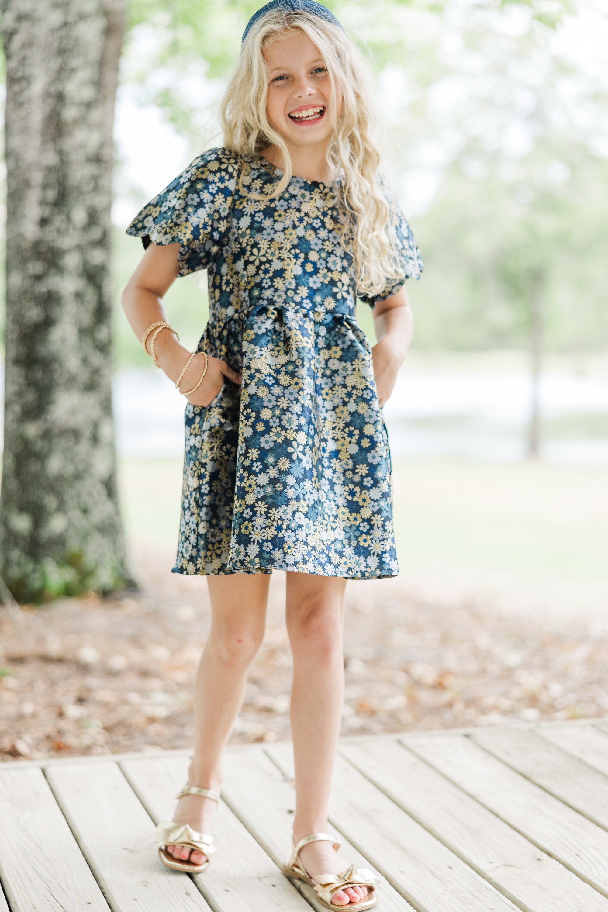 Gorgeous Girls' Taylor Navy Blue Floral Brocade Dress