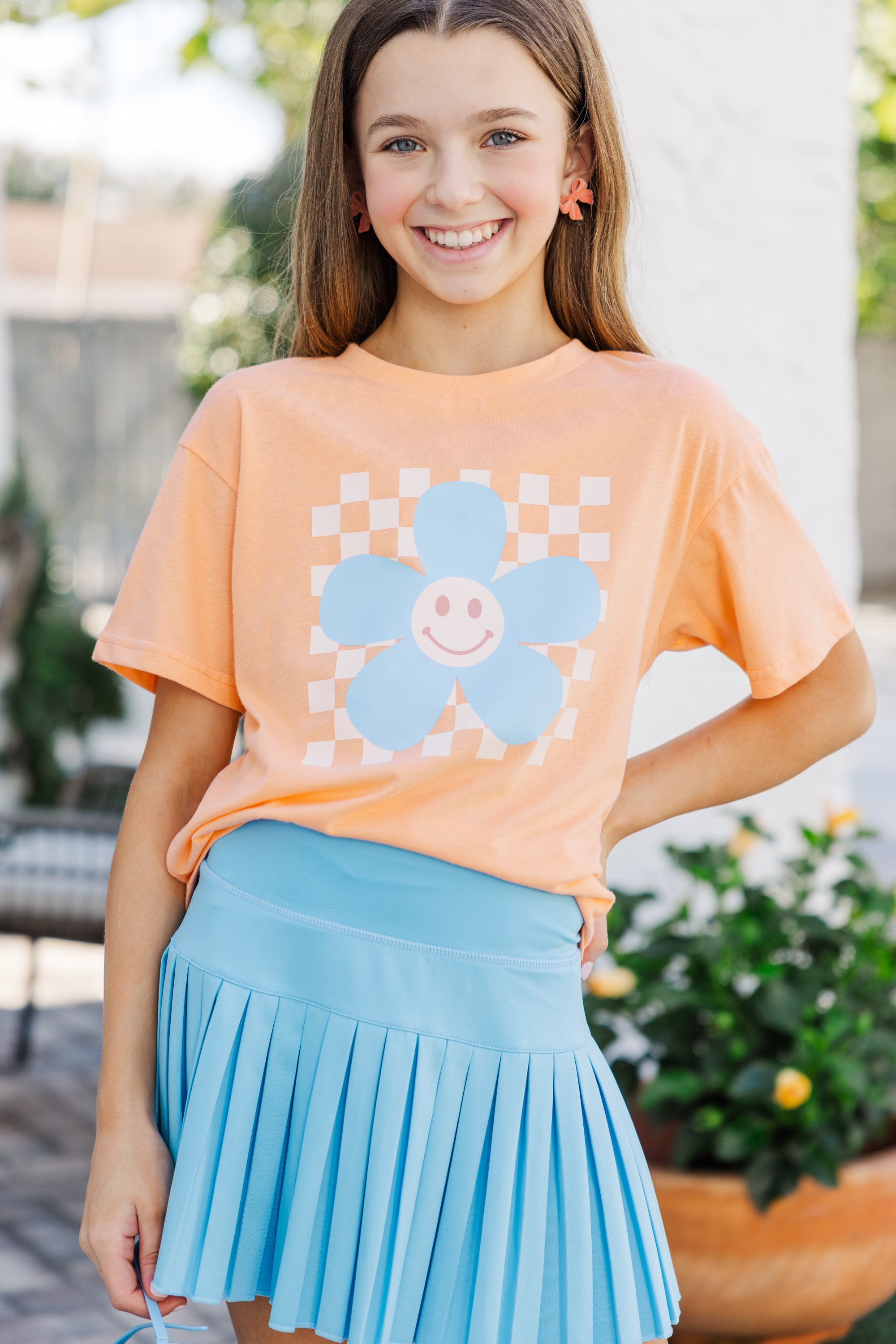 Girls' Cheerful Flower Coral Checkered Graphic Tee - Start Her Day with Joy!