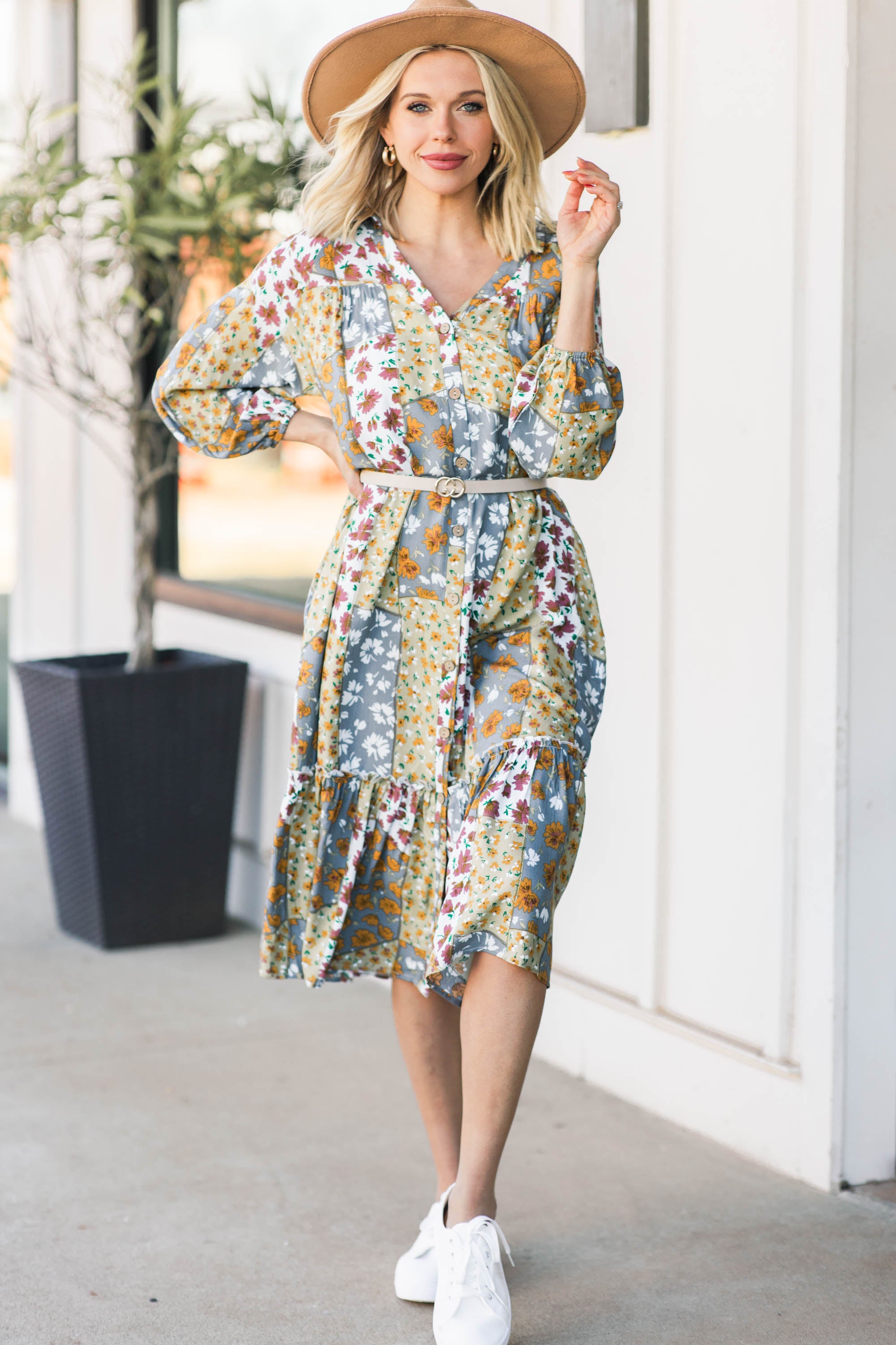 Gorgeous Gray Mixed Floral Midi Dress - The Ultimate Choice