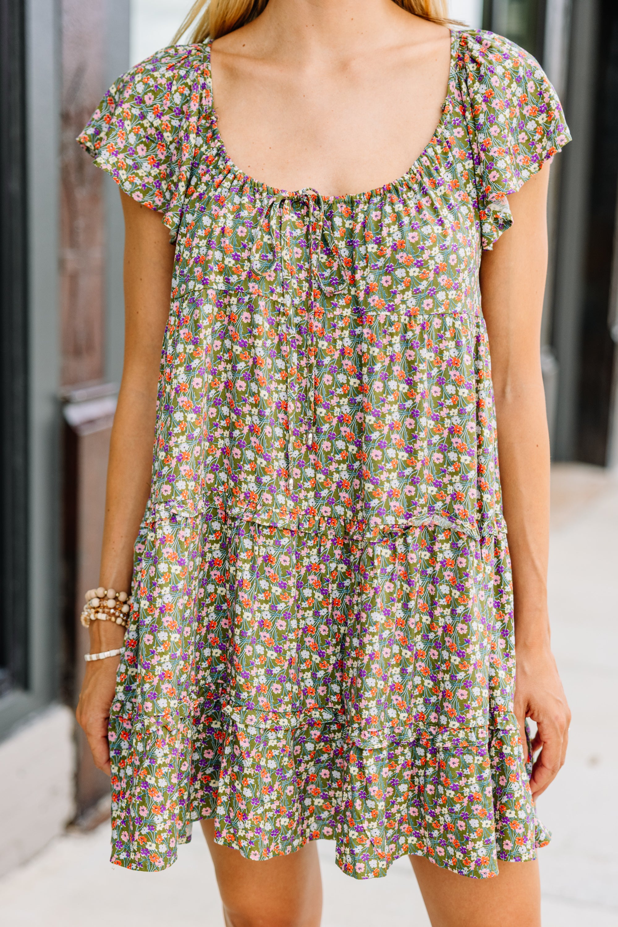 Irresistible Olive Green Ditsy Floral Mini Dress - Ask Away!