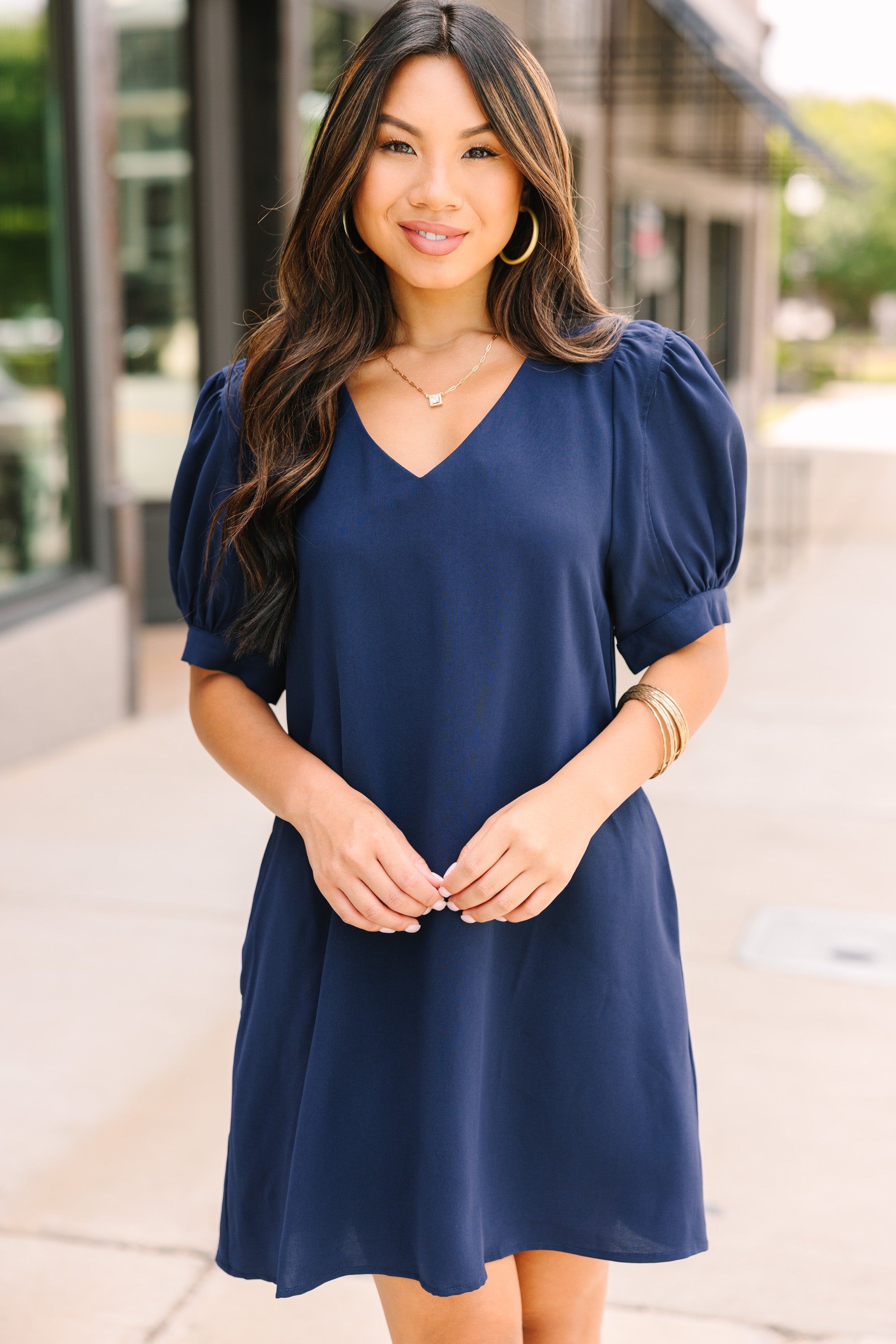 Love-at-First-Sight Navy Blue Puff Sleeve Dress