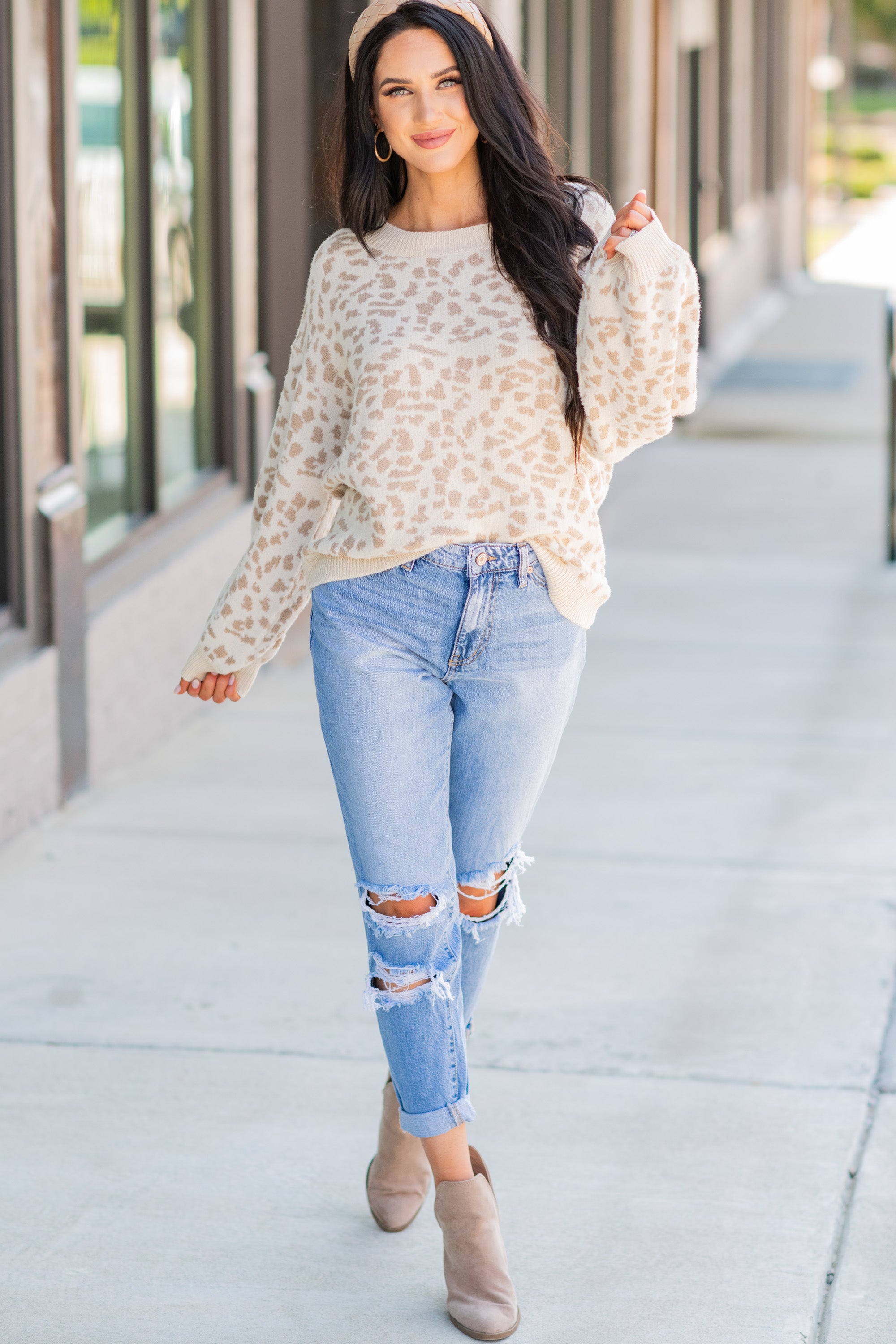 Charming Cream White Spotted Sweater - Embrace Comfort Now!