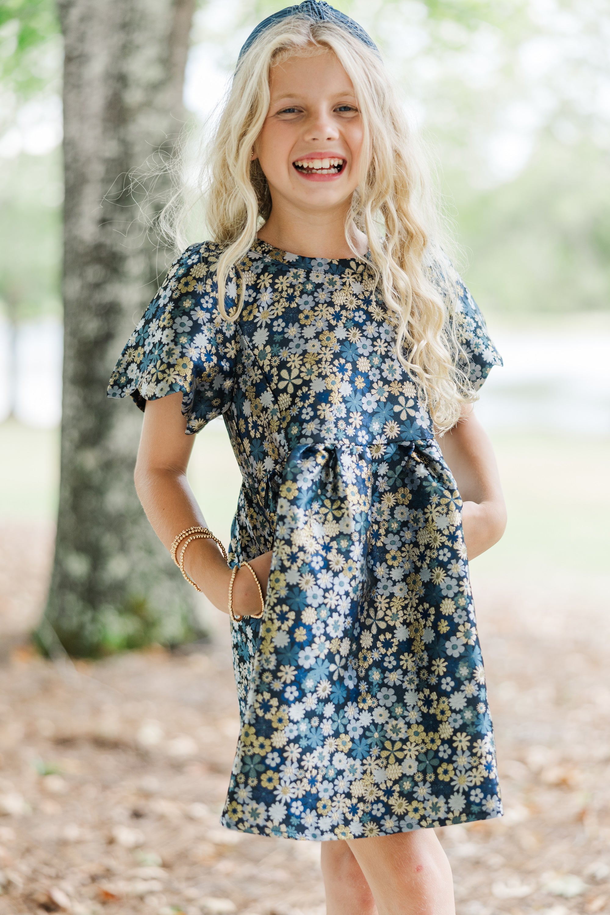 Gorgeous Girls' Taylor Navy Blue Floral Brocade Dress