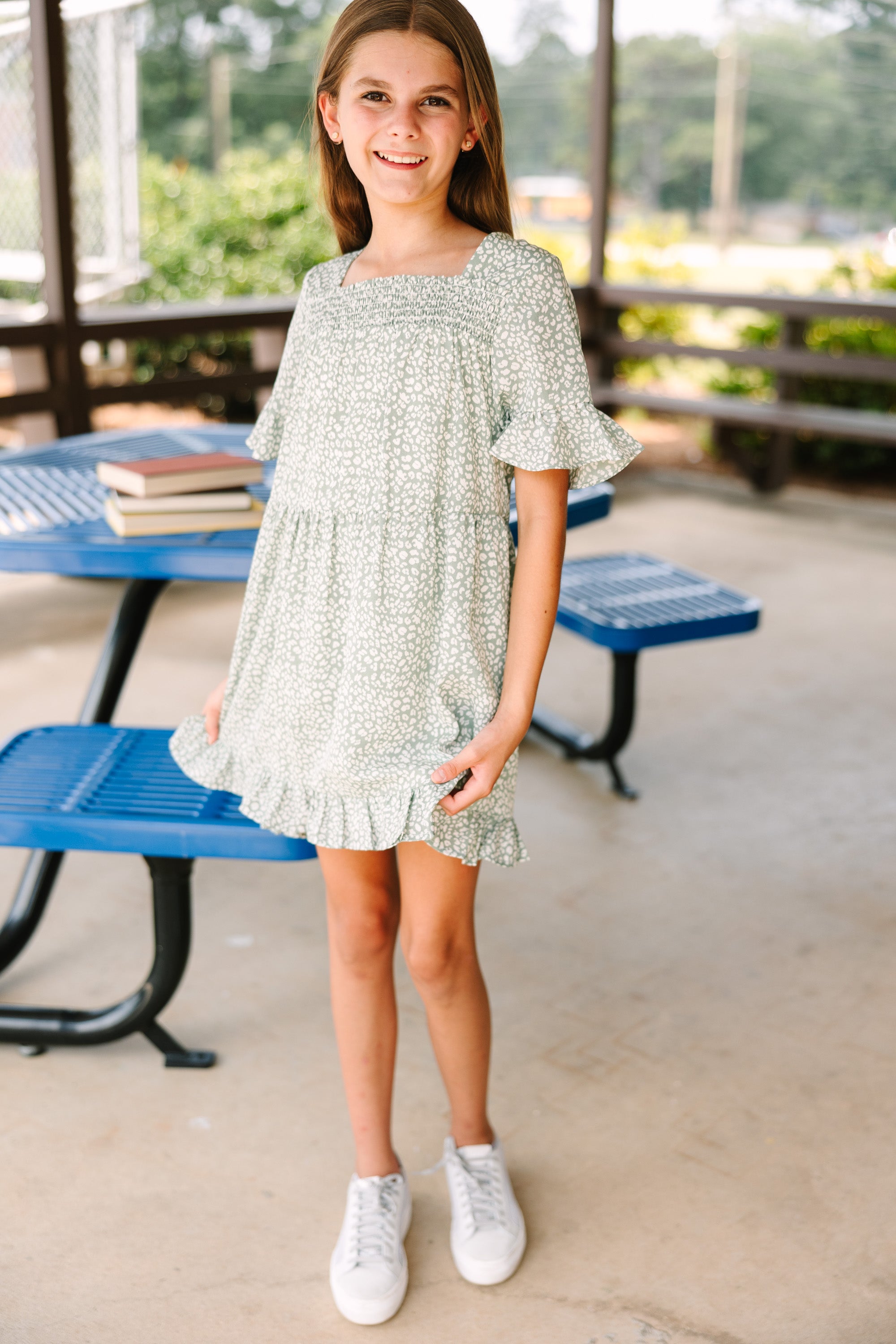 Girls' Enchanting Dusk Till Dawn Sage Spotted Dress