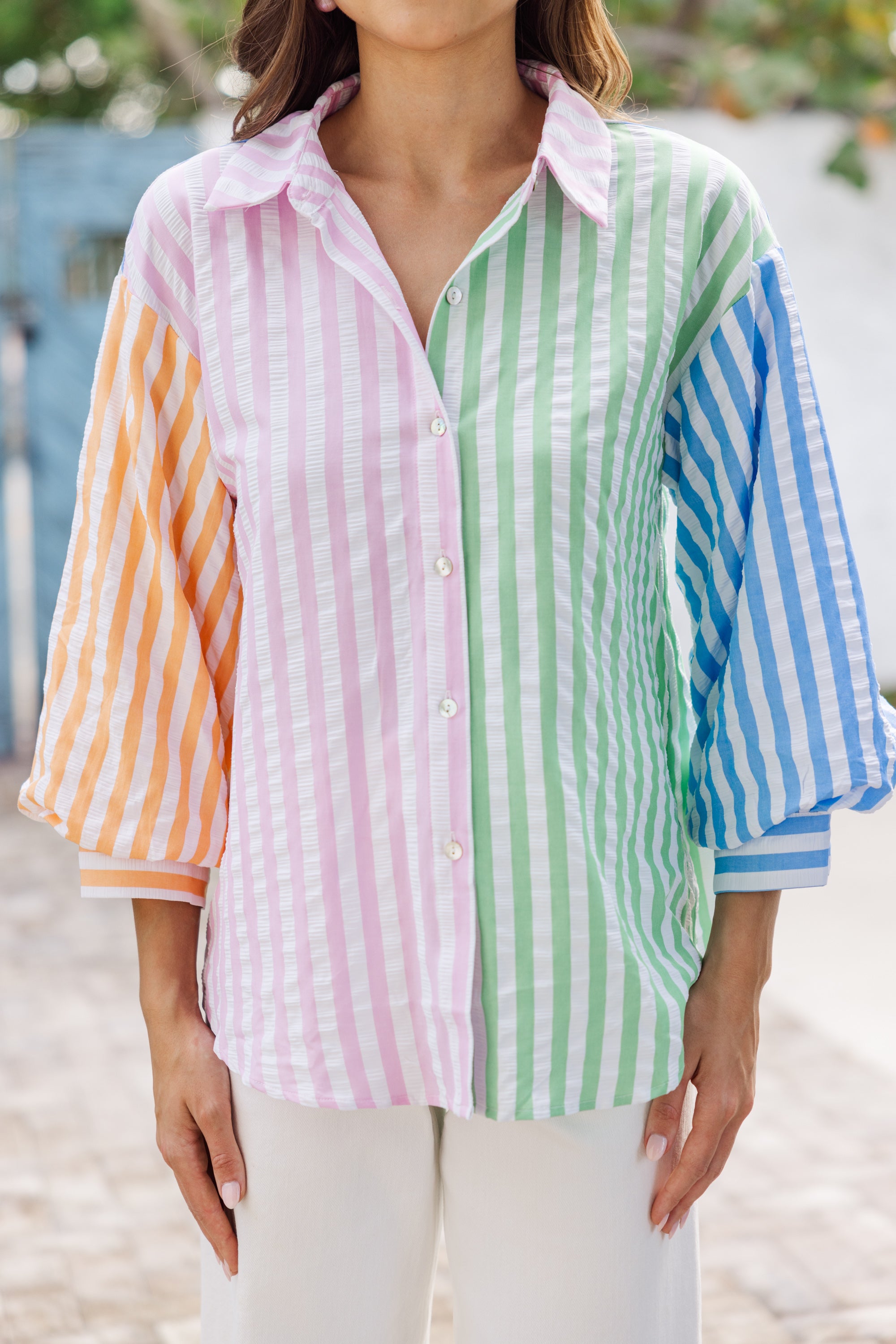 Irresistible Beach Bound Pink Striped Blouse