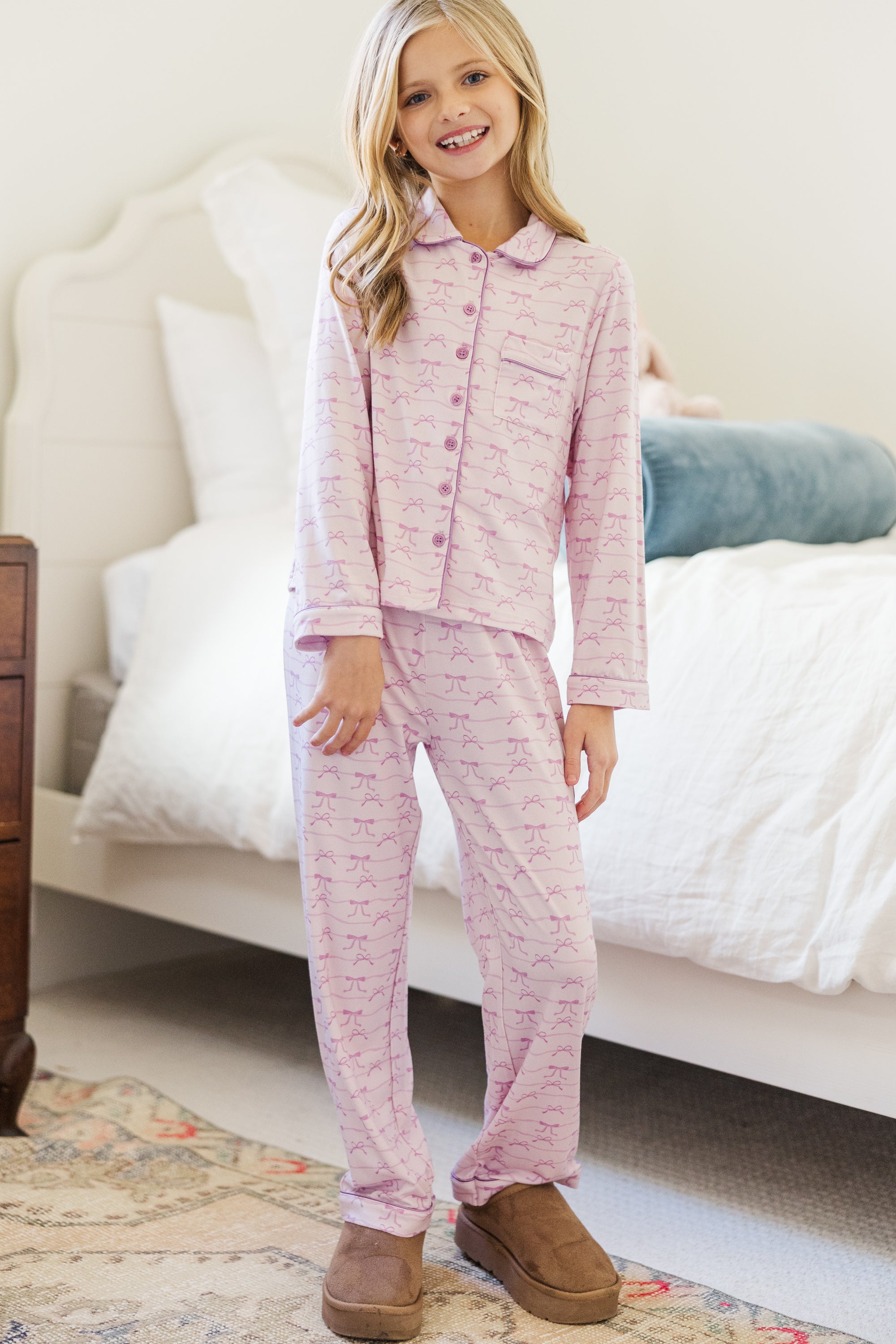 Girls' Colette Lavender Bow Print Bamboo Long-Sleeve Pajama Set: Irresistible Comfort!