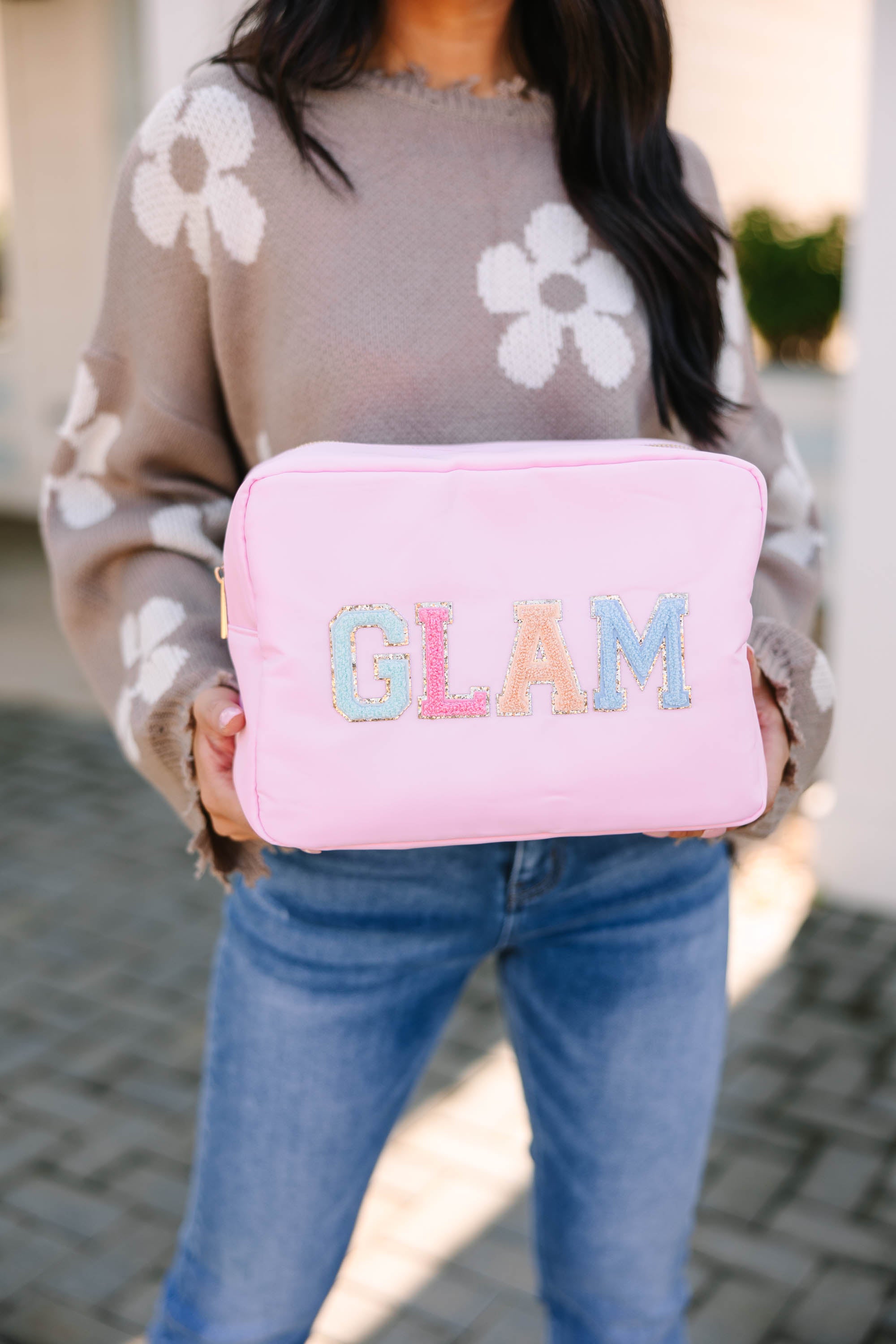 Gorgeous Baby Pink Varsity Glitter Cosmetic Bag