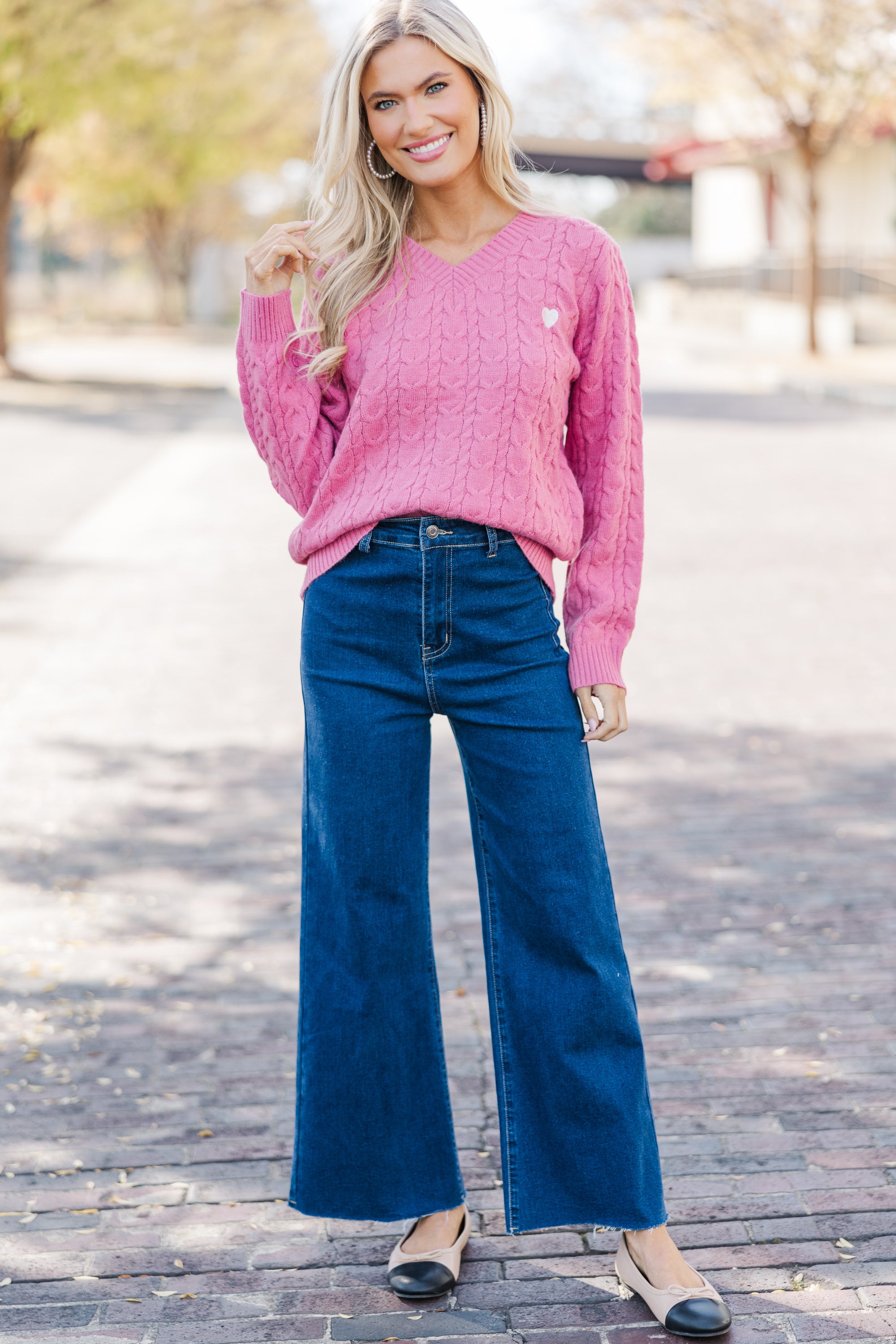 Irresistible Pink Heart Cable Knit Sweater