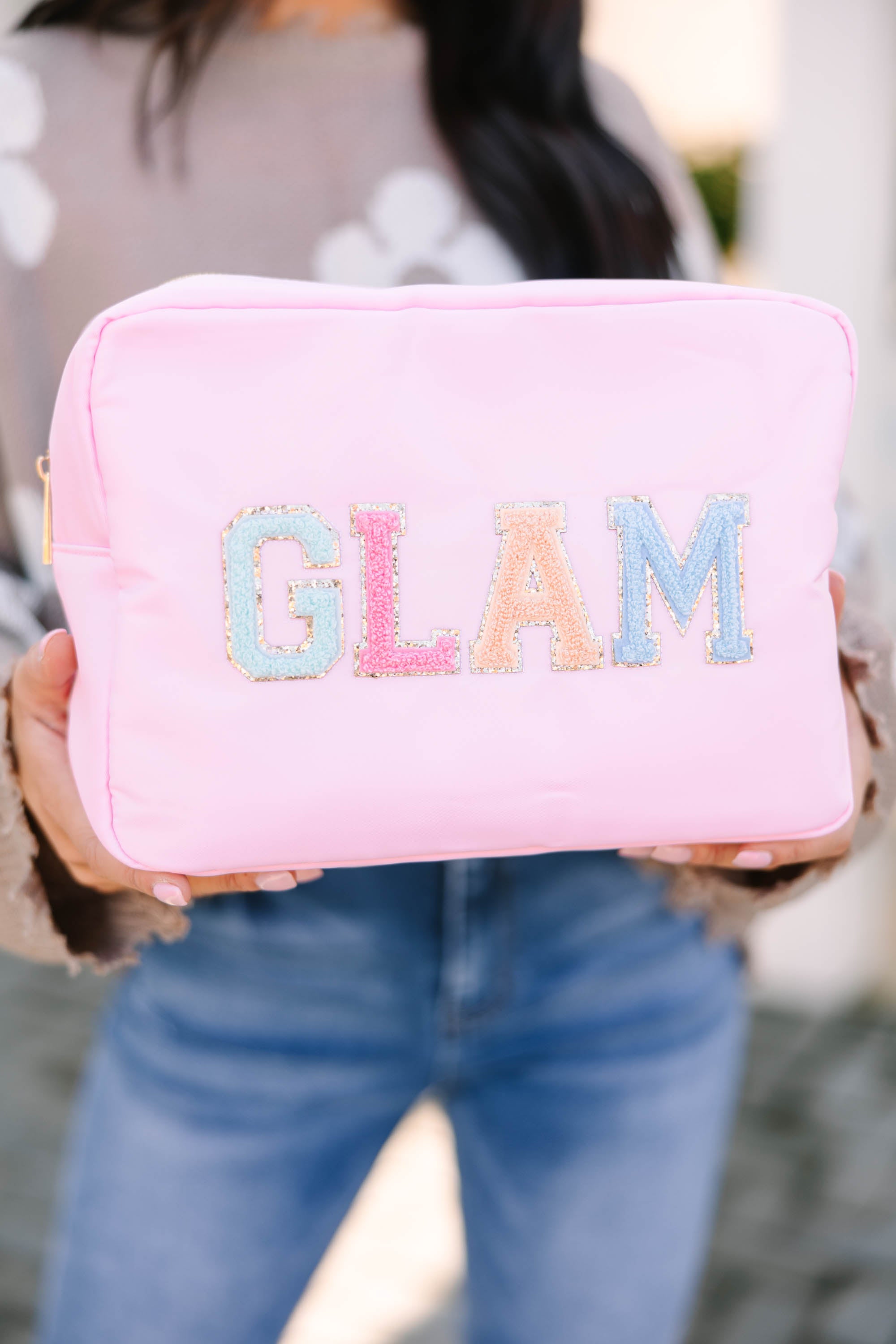 Gorgeous Baby Pink Varsity Glitter Cosmetic Bag