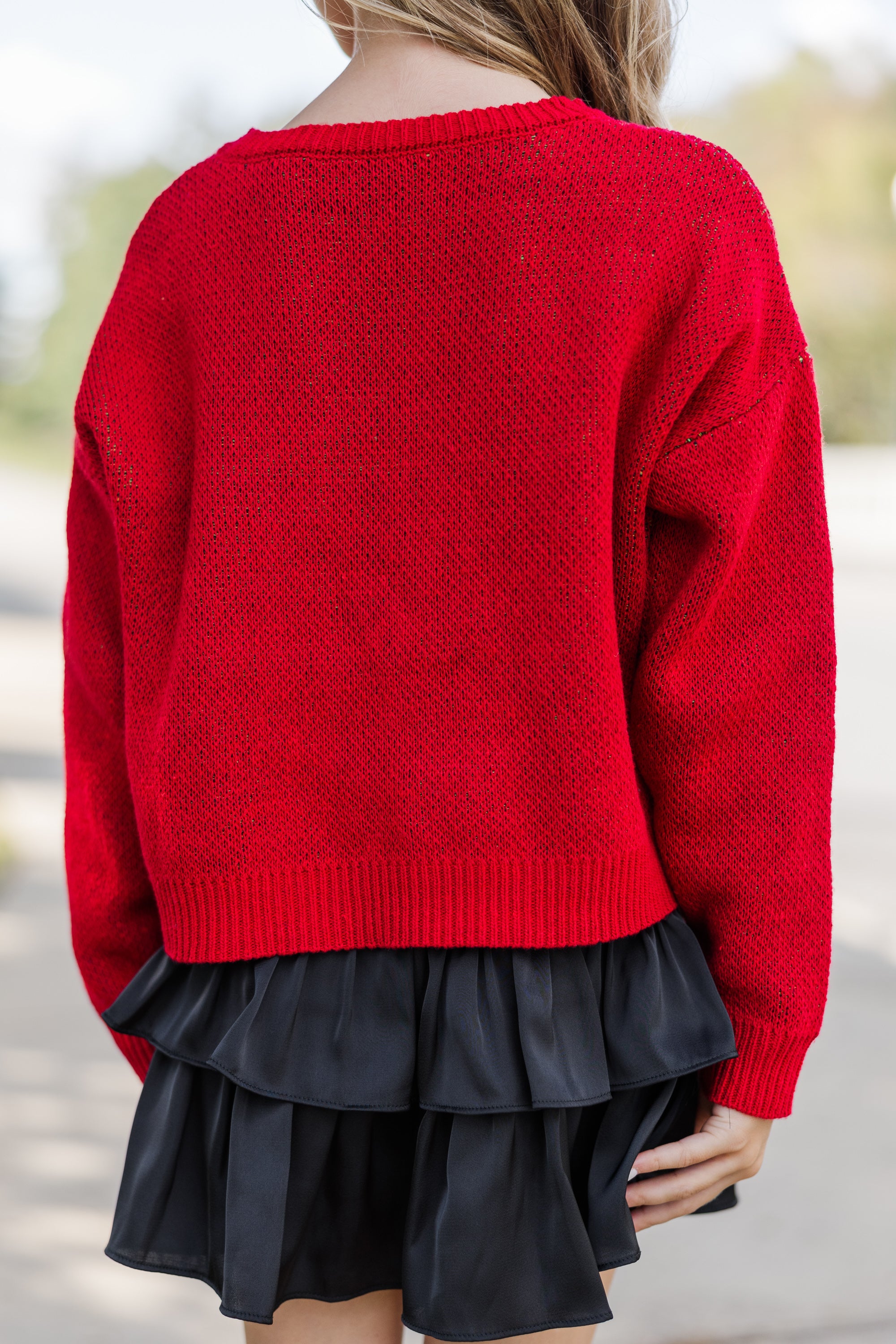 Girls' Audrey Red Christmas Tree Sweater - Irresistible Festive Wear!