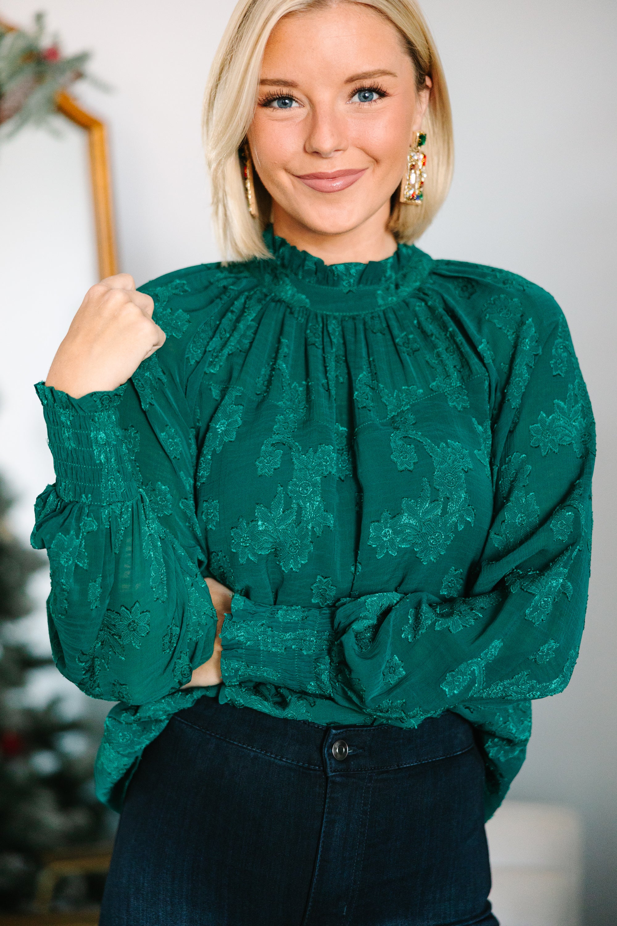 Hunter Green Textured Floral Blouse: A Must-Have for Any Occasion