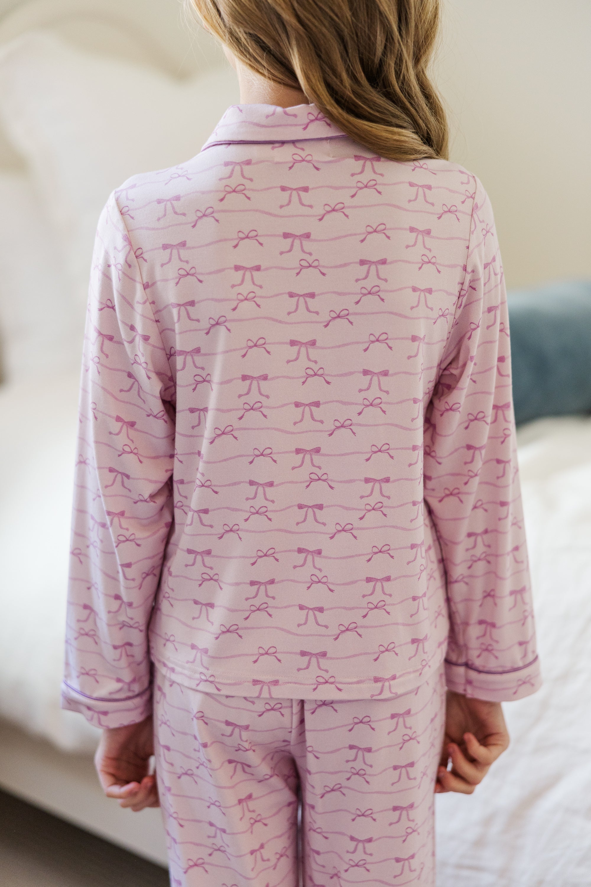 Girls' Colette Lavender Bow Print Bamboo Long-Sleeve Pajama Set: Irresistible Comfort!