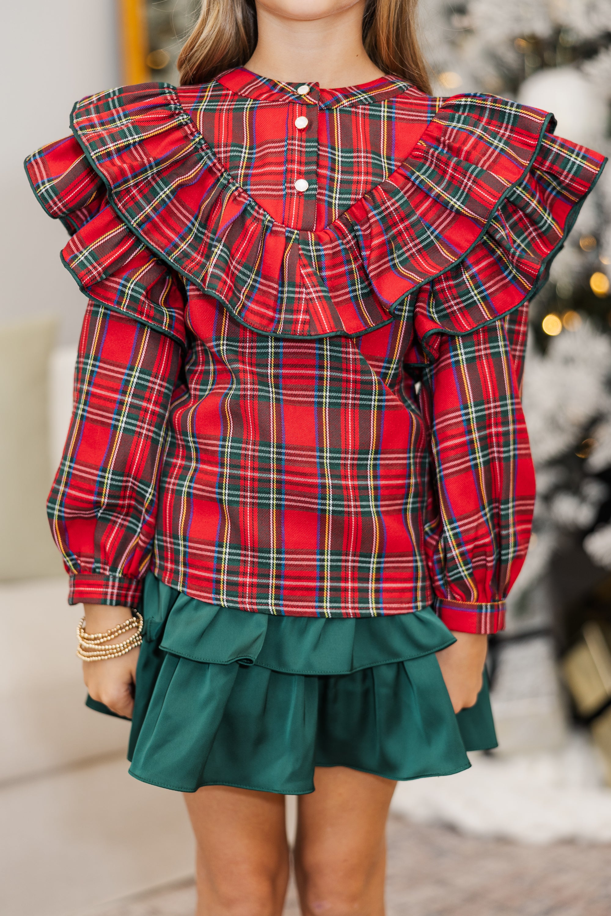 Girls' Empowering Red Tartan Plaid Button - Down Blouse