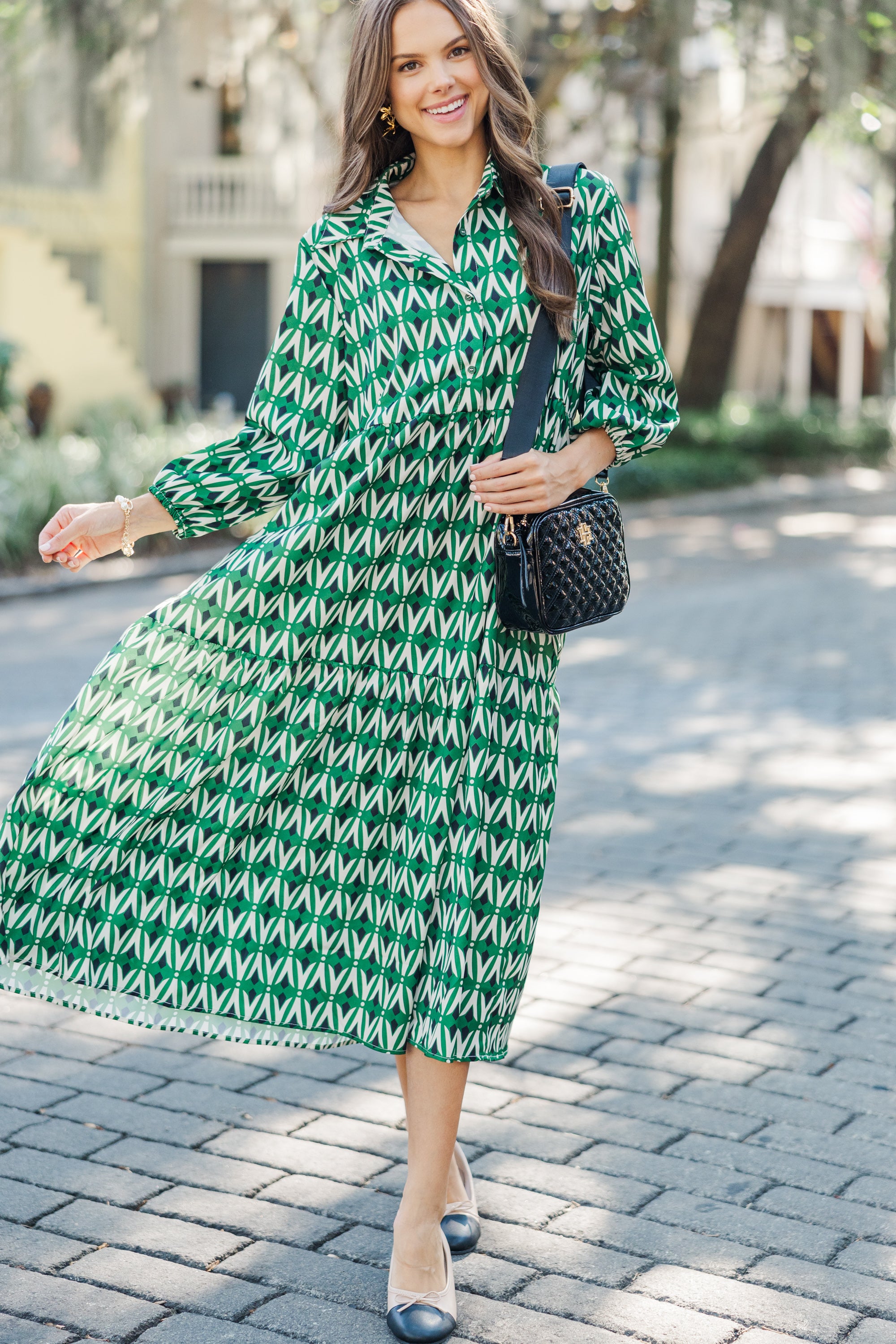 Unleash Your Style with the All - Green Abstract Midi Dress