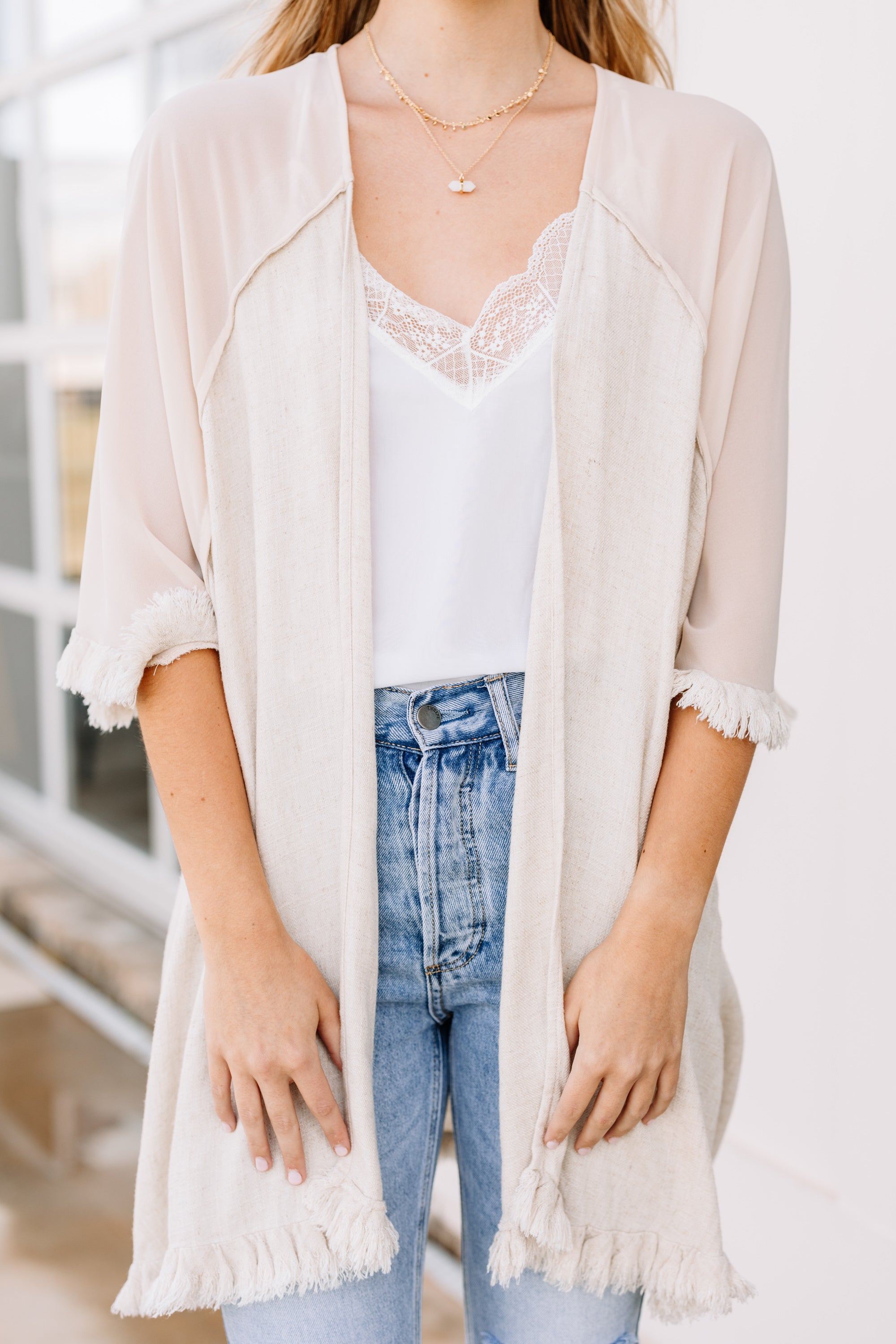 Trendy All - In - One Oatmeal White Linen Kimono