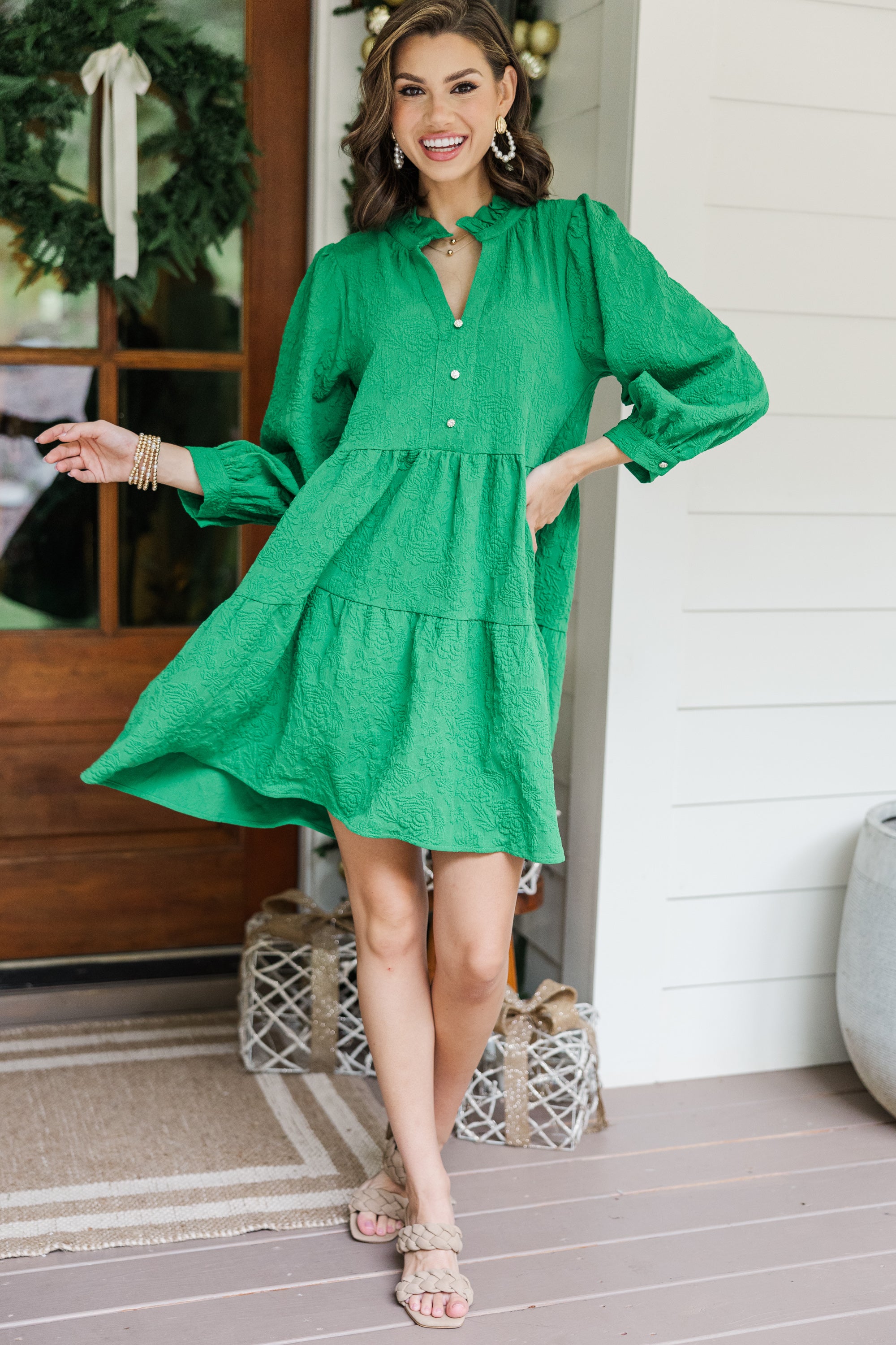 Irresistible Emerald Green Textured Dress - Your Fashion Statement!