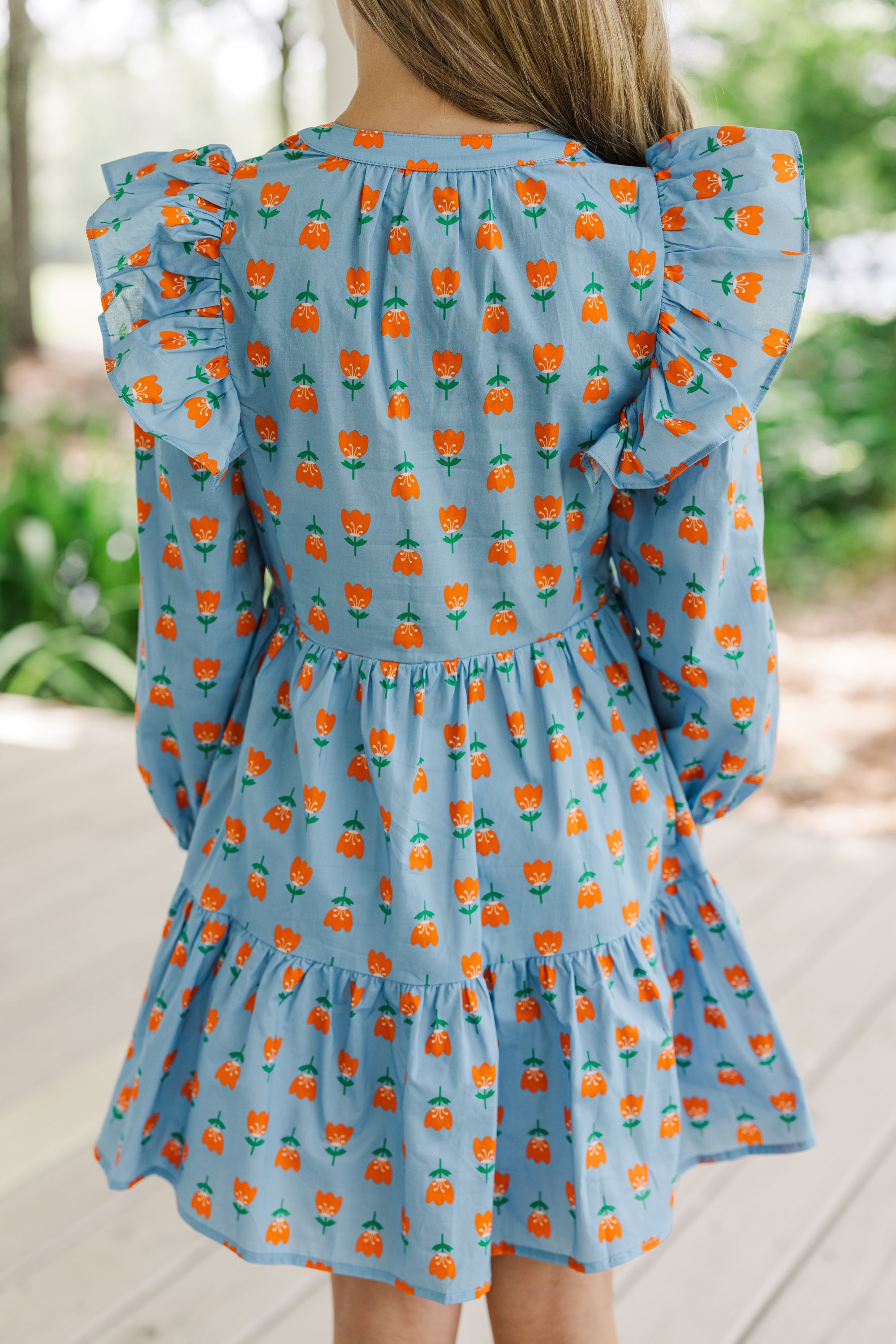 Irresistible Blue Floral Long-Sleeve Babydoll Dress for Girls