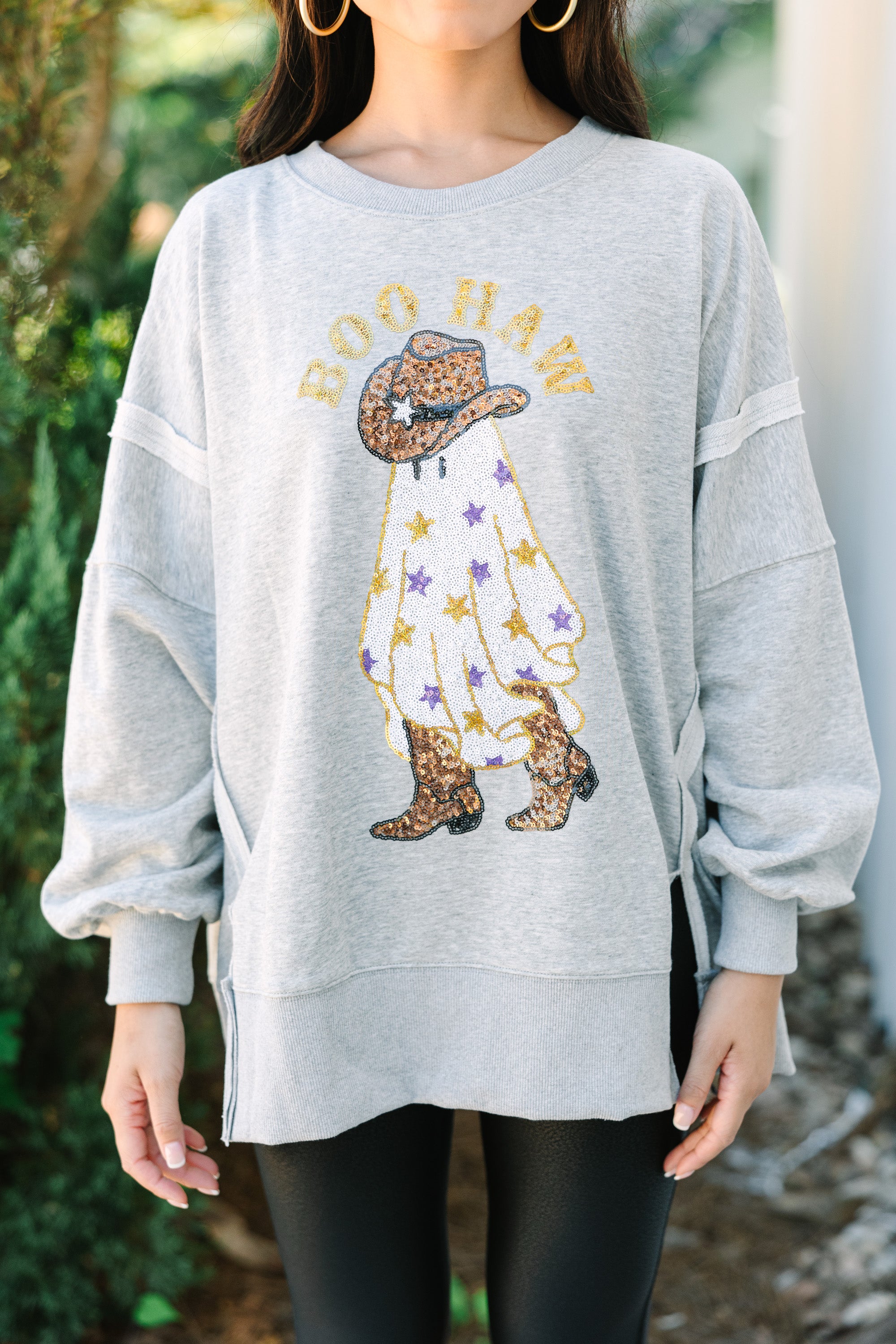 Boo Haw! Heather Gray Sequin Halloween Western Pullover