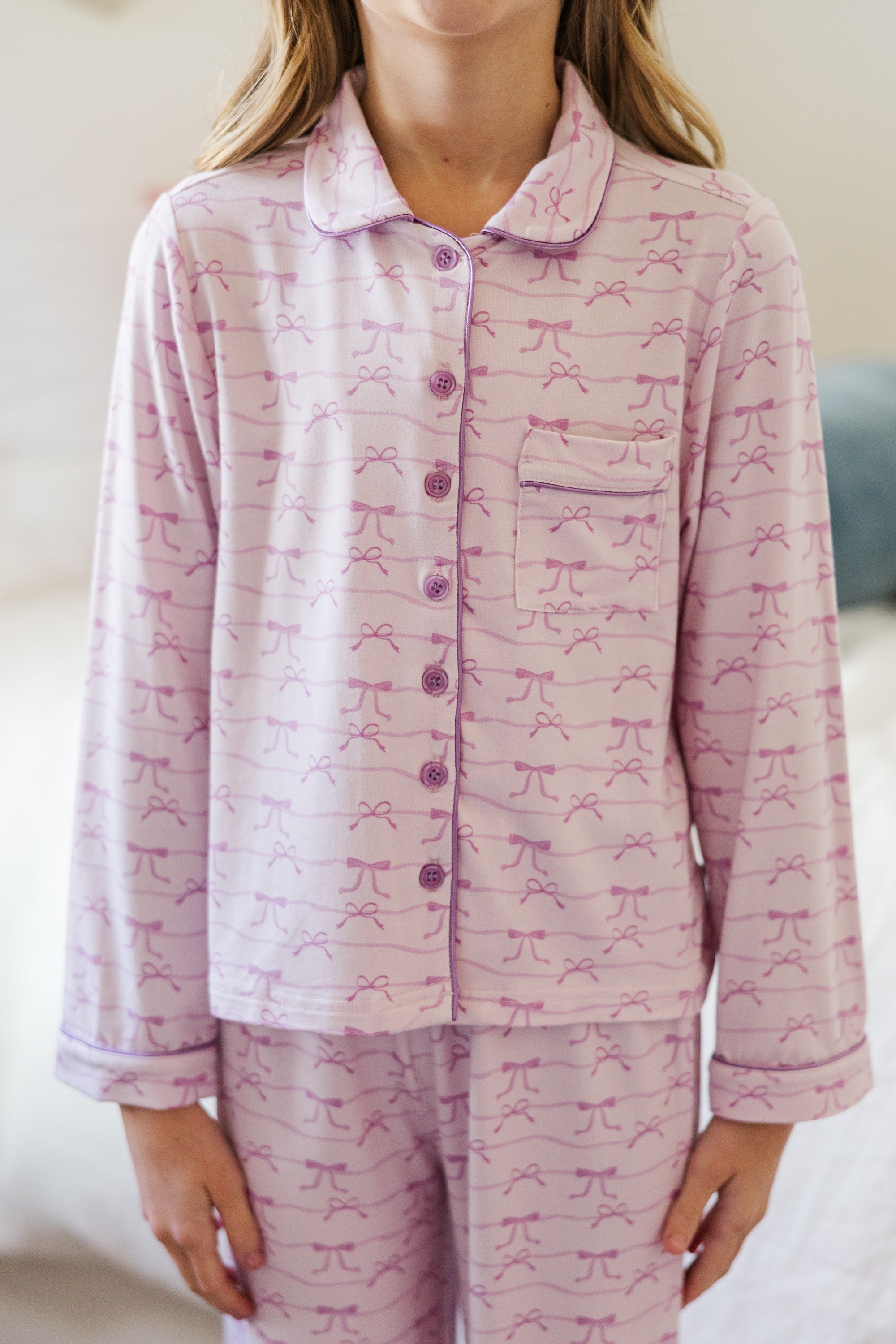 Girls' Colette Lavender Bow Print Bamboo Long-Sleeve Pajama Set: Irresistible Comfort!