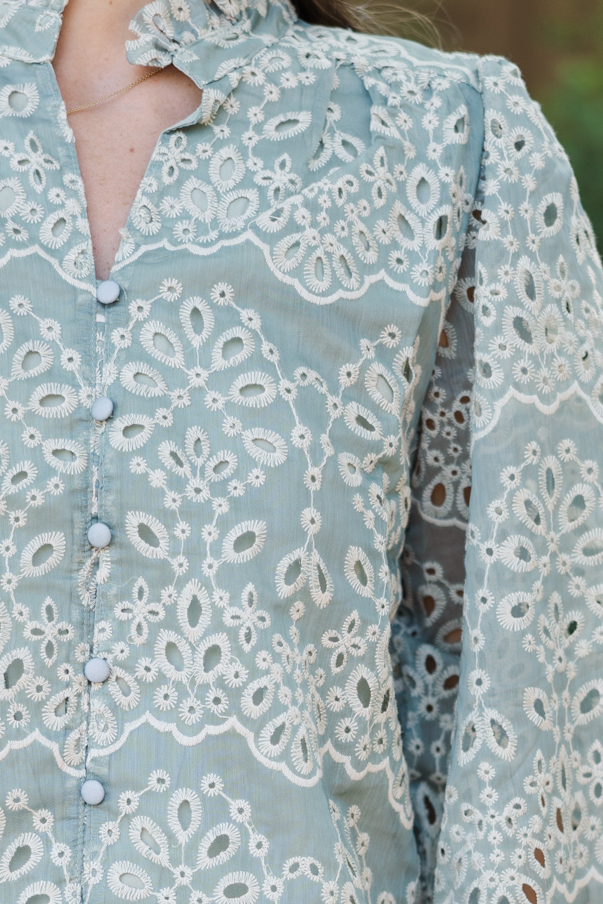 Enchanting Dark Sage Eyelet Floral Blouse - Can't Resist!