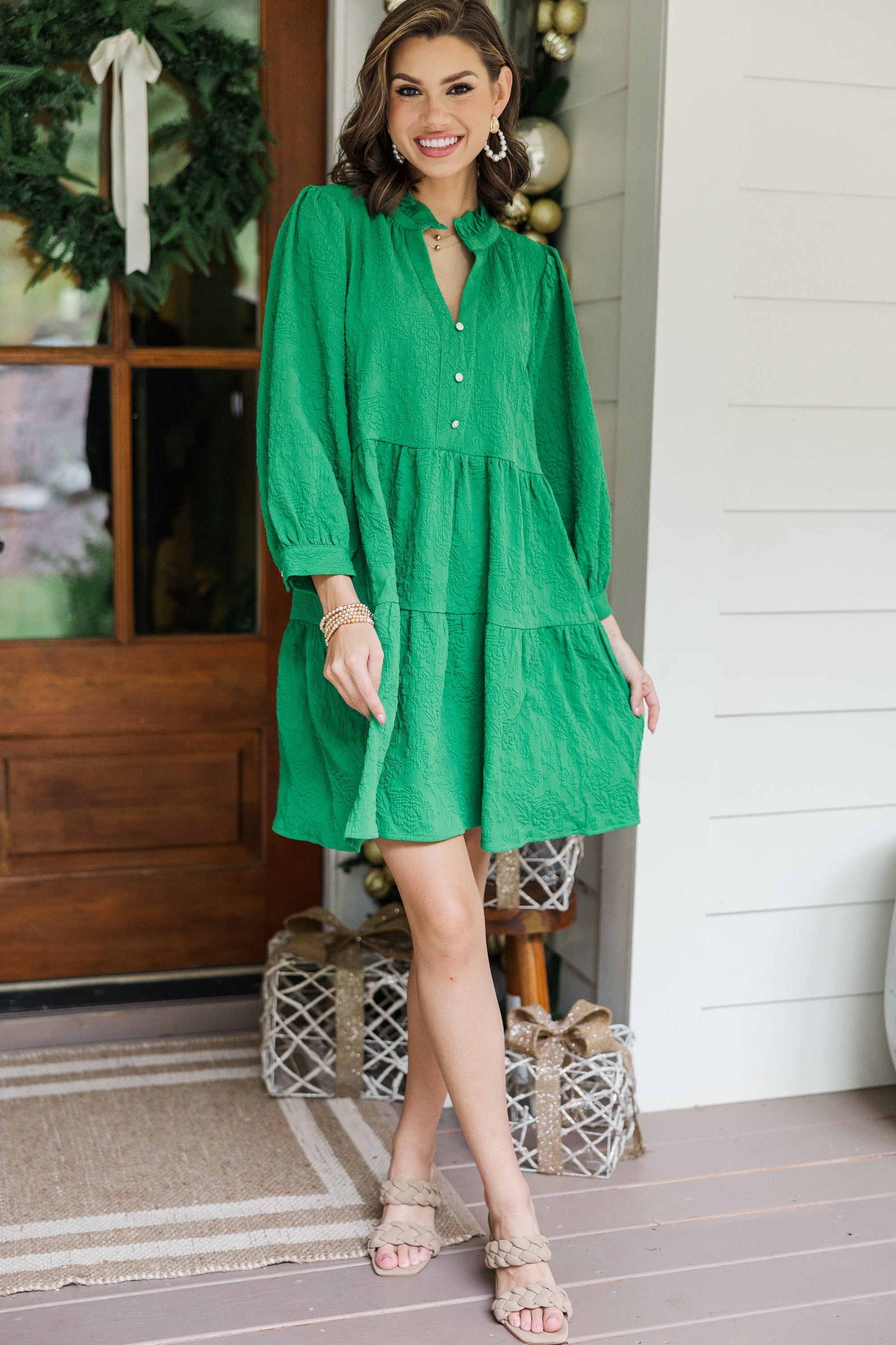 Irresistible Emerald Green Textured Dress - Your Fashion Statement!