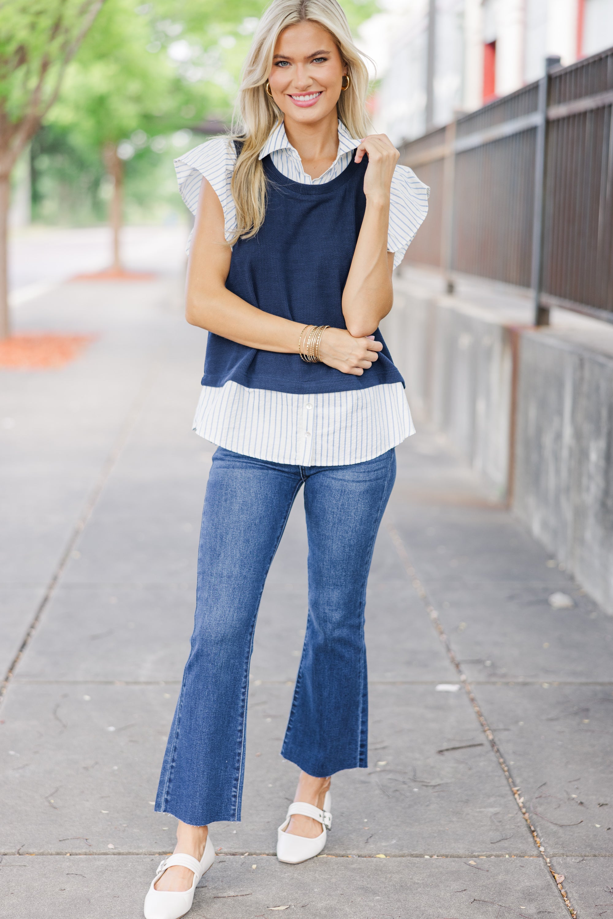 All Together Now Navy Blue Layered Blouse: A Classic Office Chic!